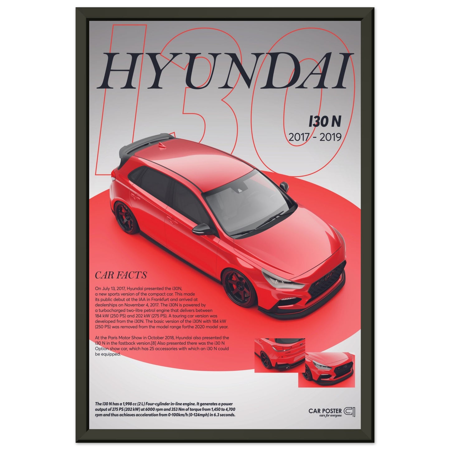 Framed Car Poster - Hyundai I30N - Red