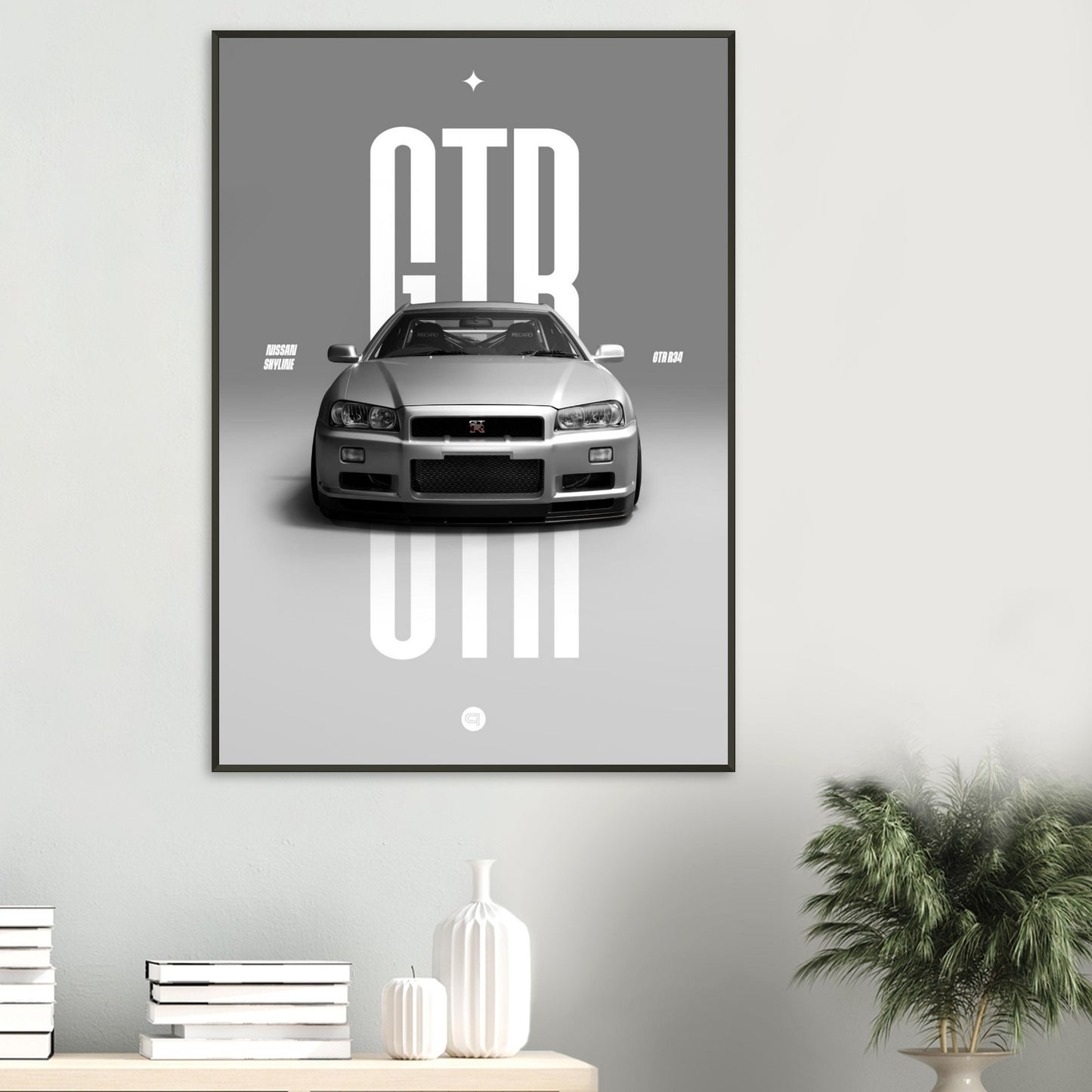Framed Car Poster - Nissan Skyline GTR R34 - White