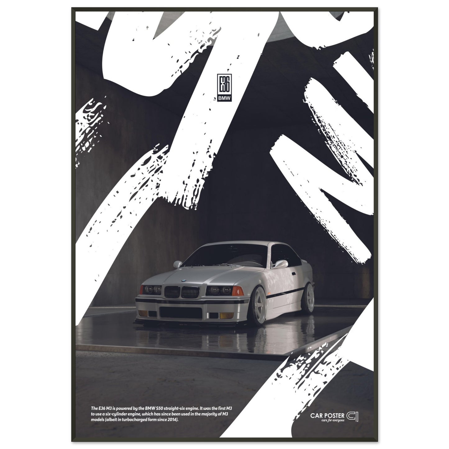 Framed Car Poster - BMW E36 M3 Graffiti - White