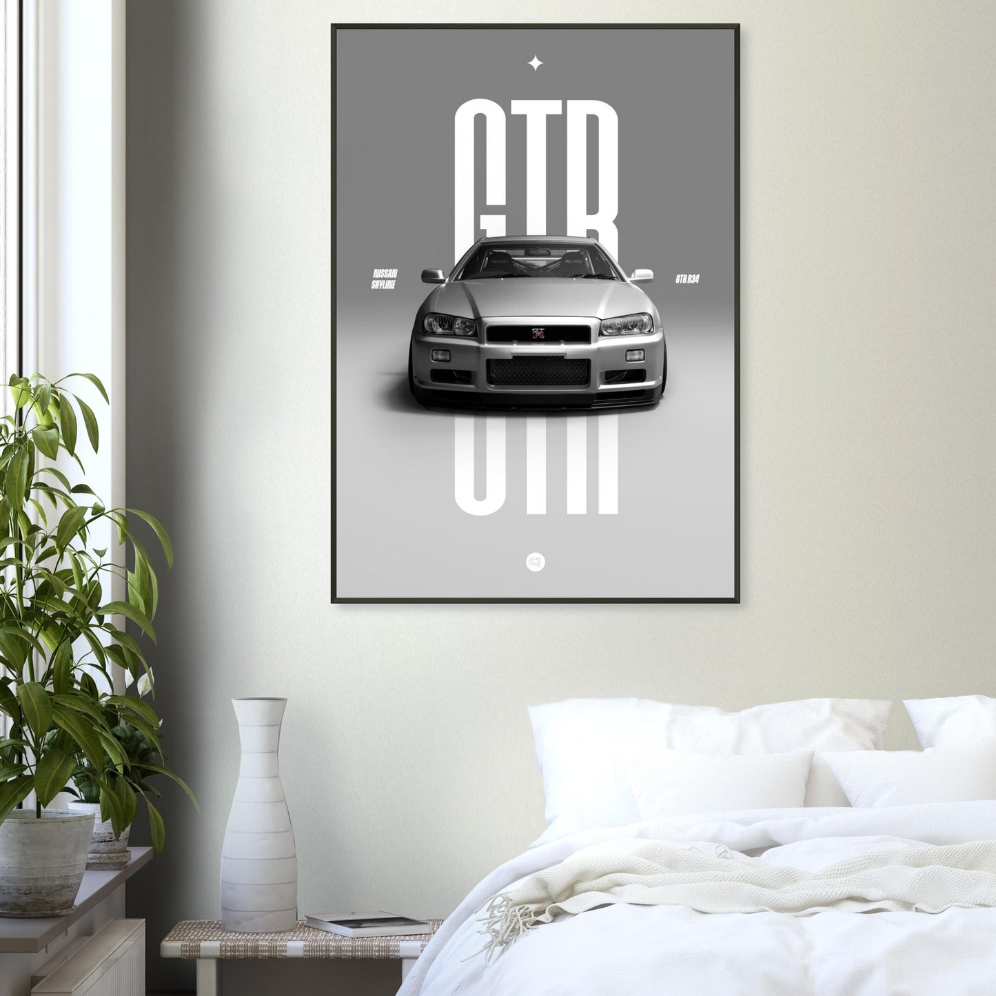 Framed Car Poster - Nissan Skyline GTR R34 - White