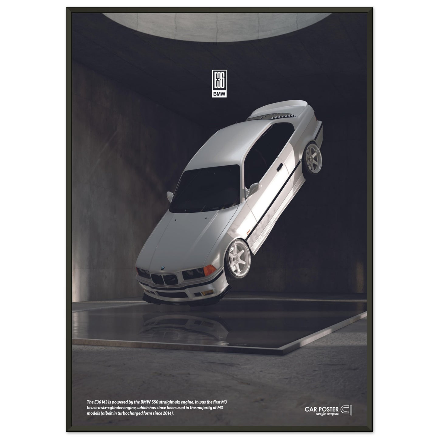 Framed Car Poster - BMW E36 M3 Flying - White