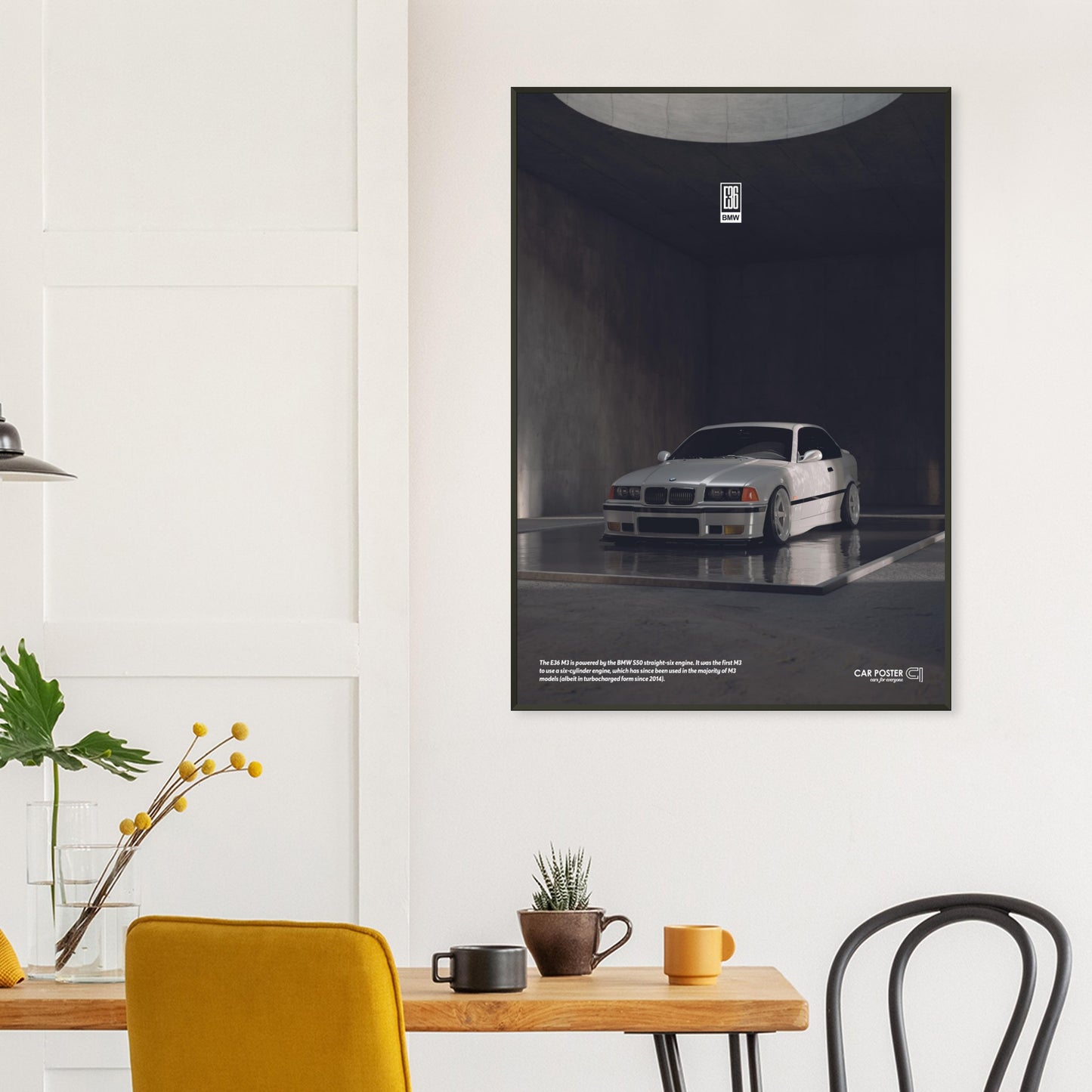 Framed Car Poster - BMW E36 M3 - White