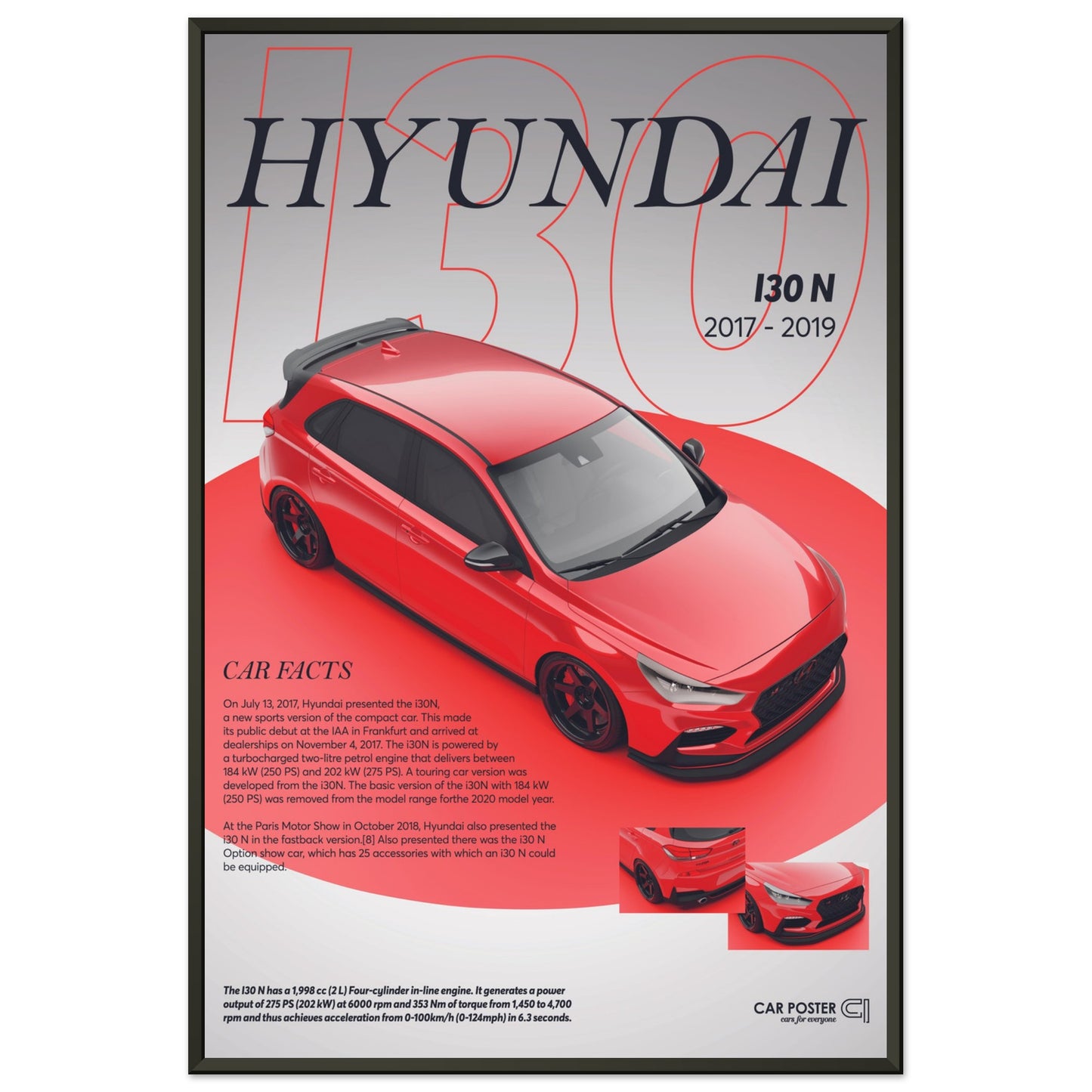 Framed Car Poster - Hyundai I30N - Red