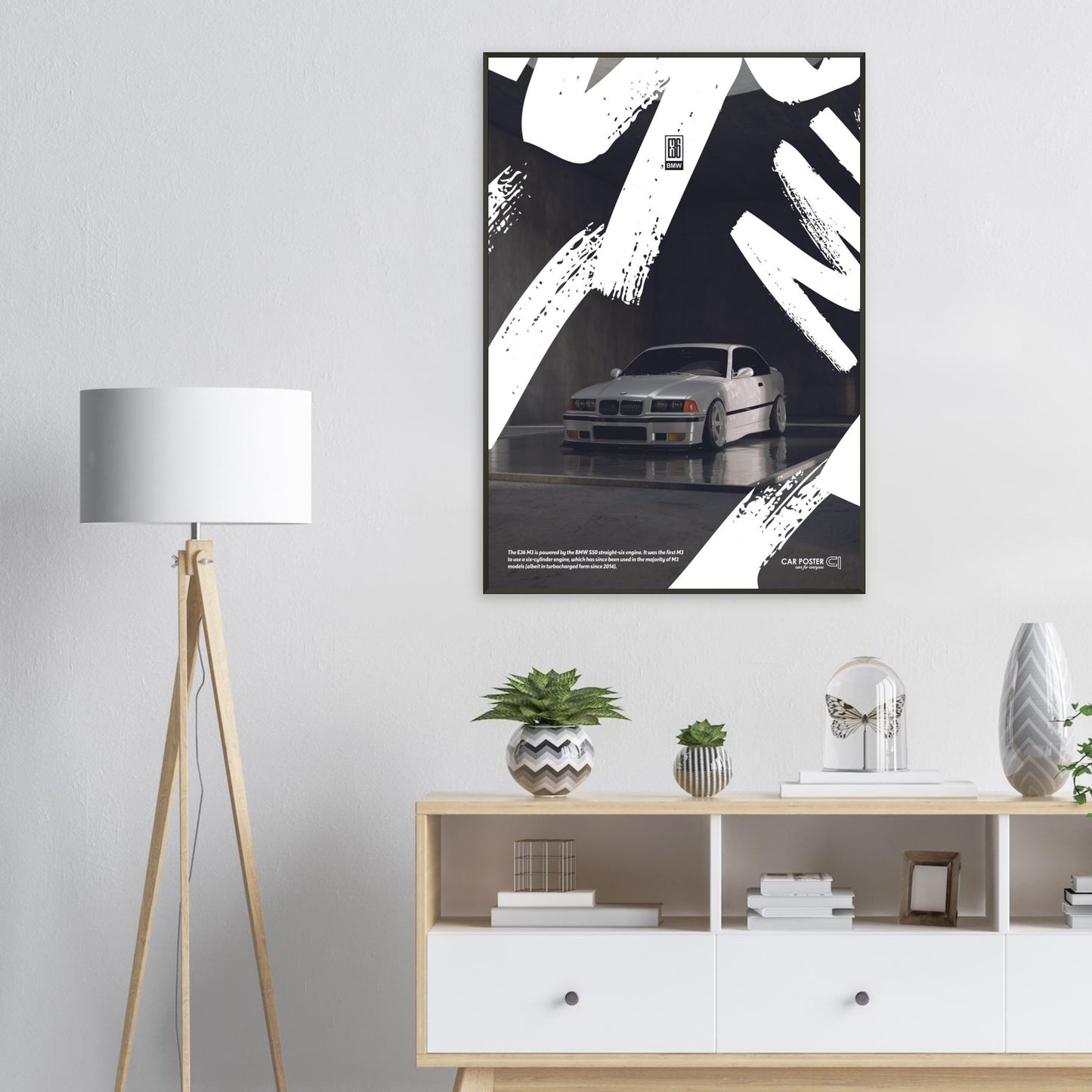 Framed Car Poster - BMW E36 M3 Graffiti - White