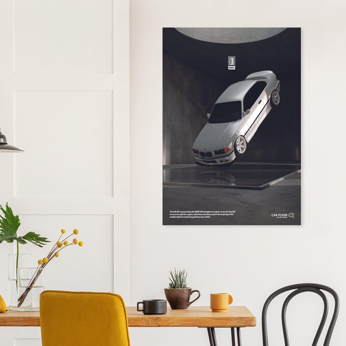Car Poster - BMW E36 M3 Flying- White