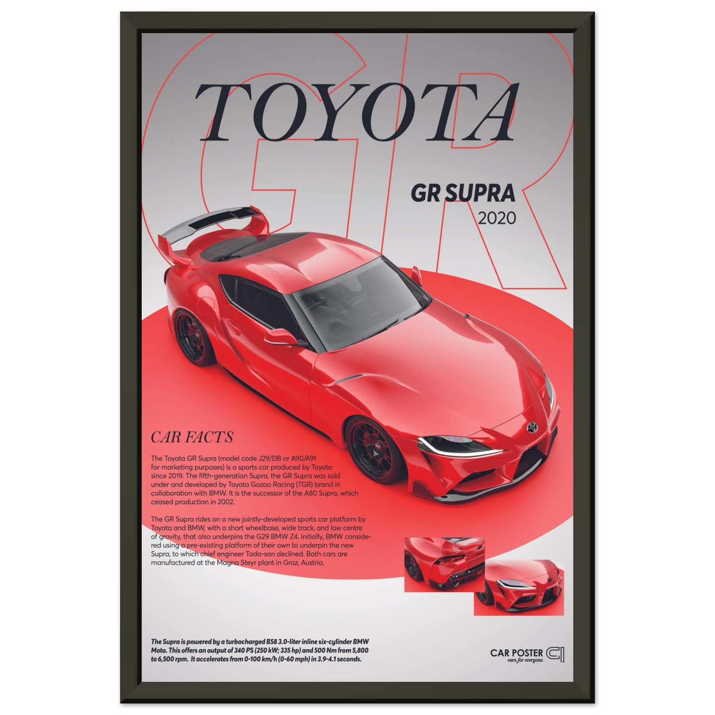 Framed Car Poster - Toyota GR Supra - Red