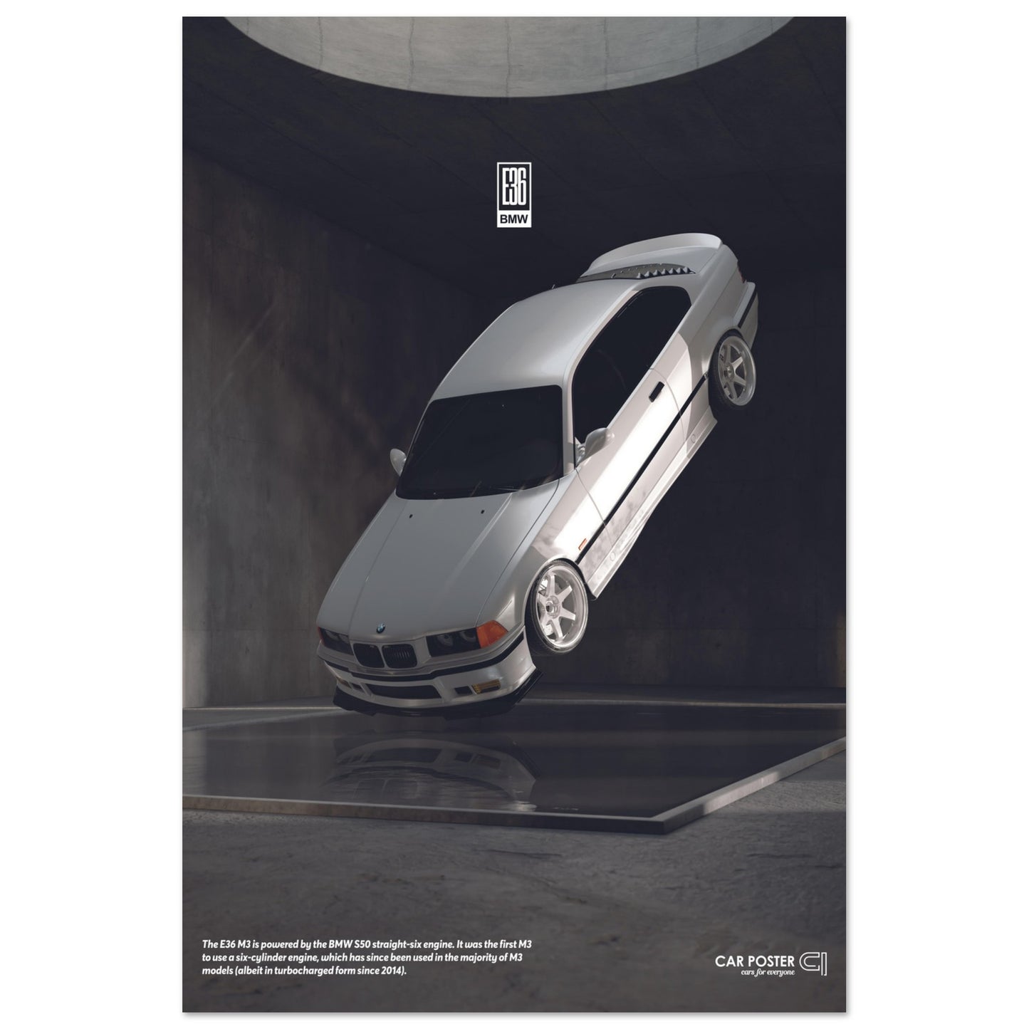 Car Poster - BMW E36 M3 Flying- White
