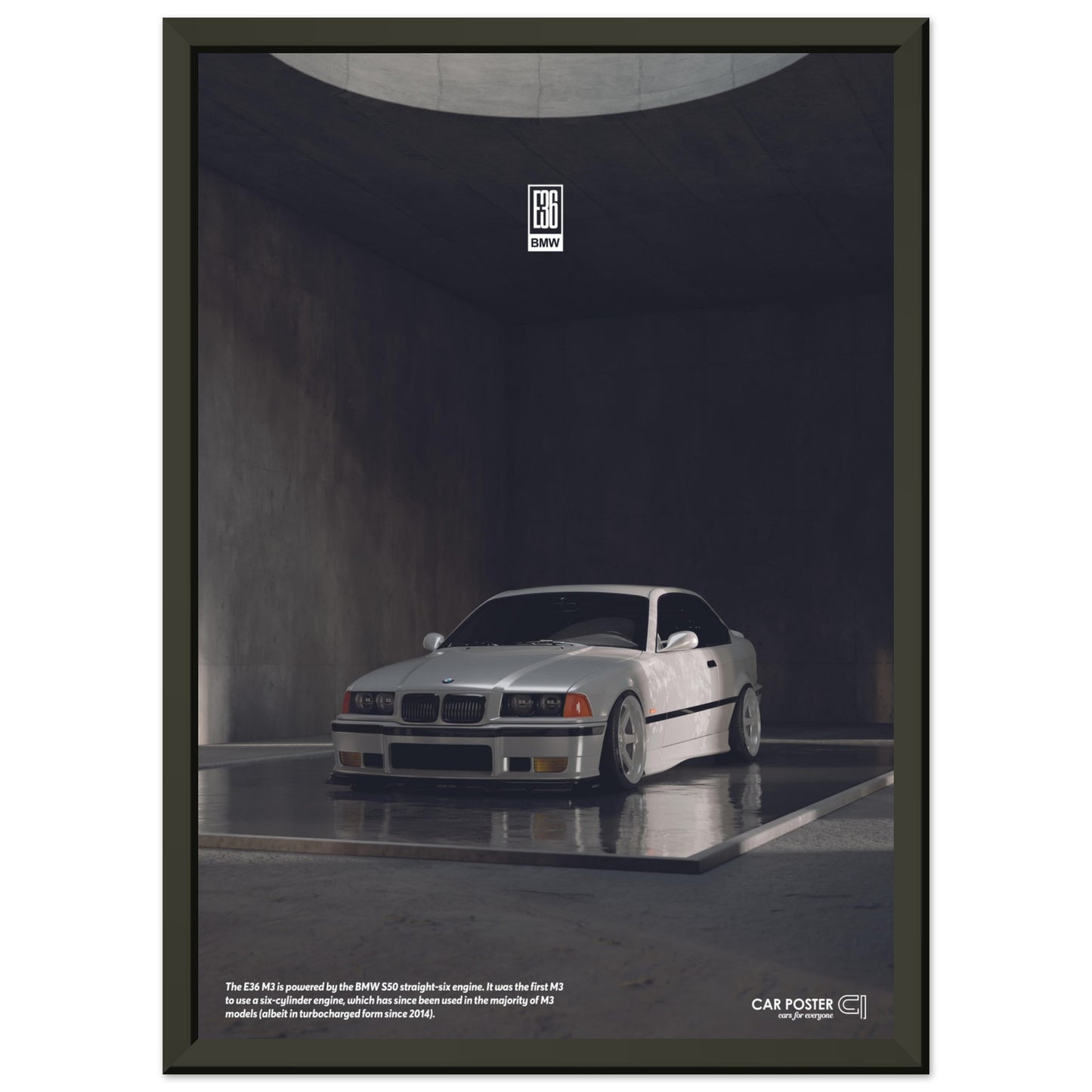 Framed Car Poster - BMW E36 M3 - White