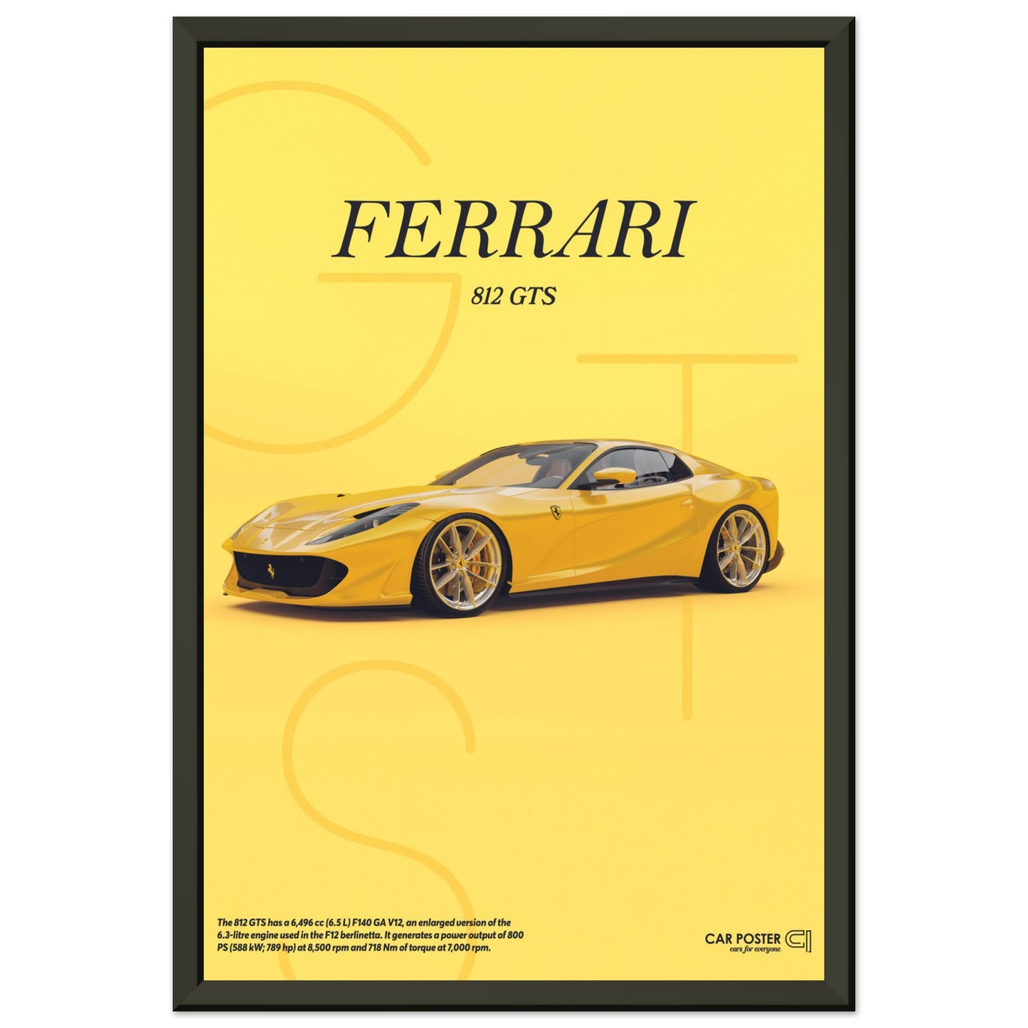 Framed Car Poster - Ferrari 812 GTS Letters - Yellow