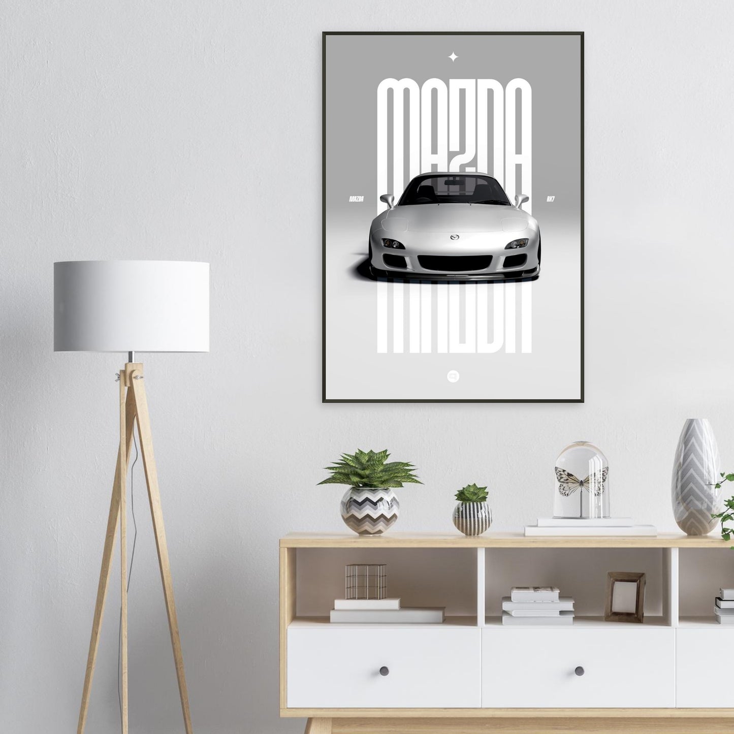 Framed Car Poster - Mazda RX7 - White