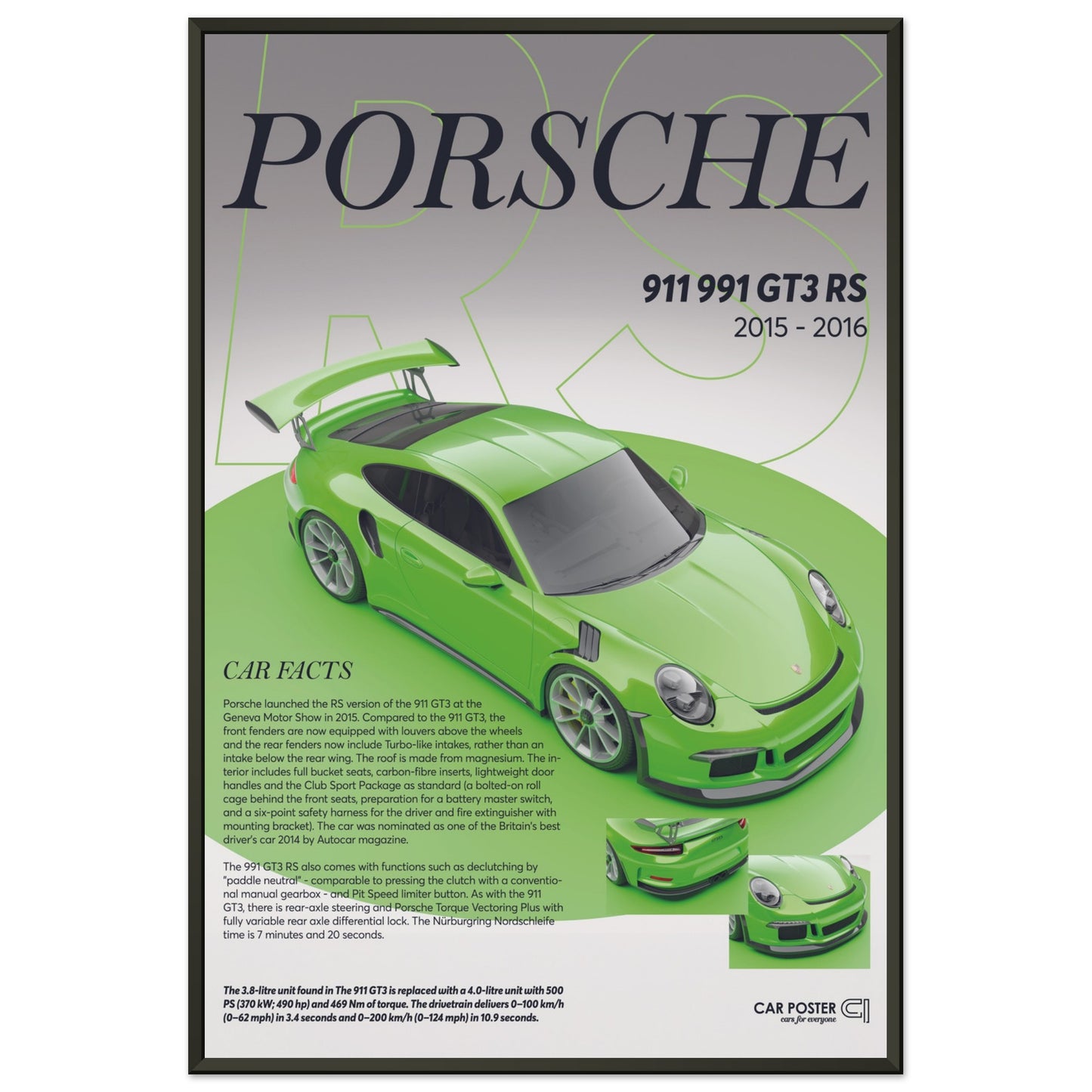 Framed Car Poster - Porsche 911 991 GT3 RS - Lizard Green