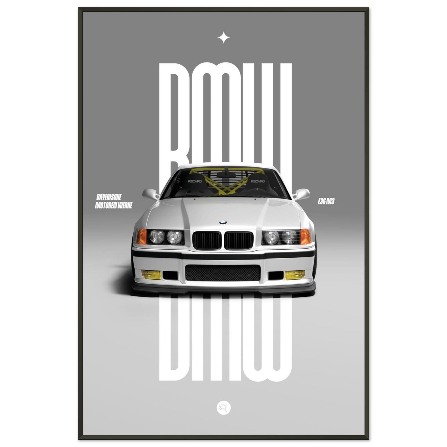 Framed Car Poster - BMW E36 - White