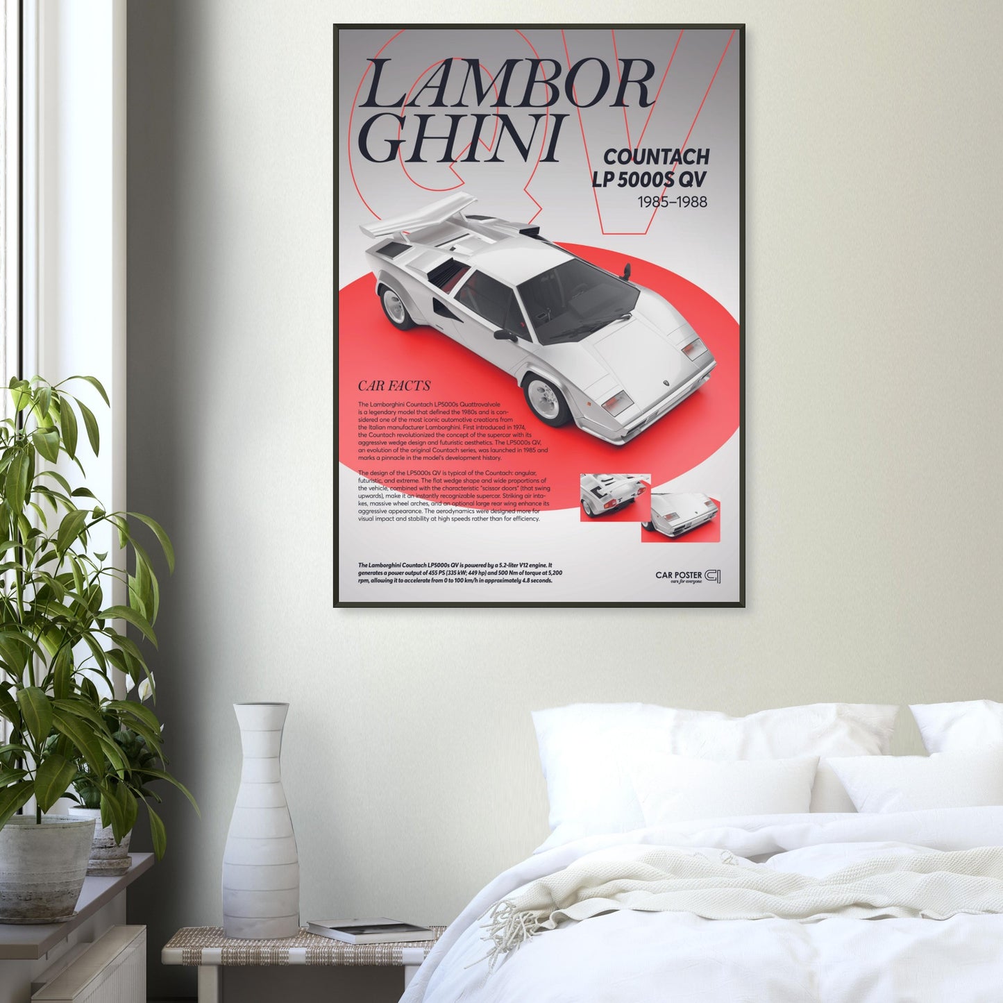 Framed Car Poster - Lamborghini Countach LP 5000S QV - White