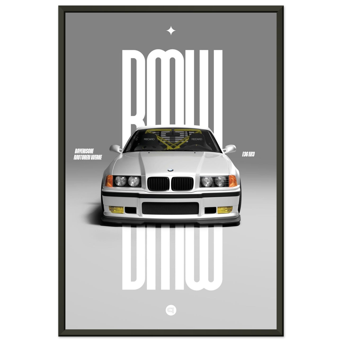 Framed Car Poster - BMW E36 - White
