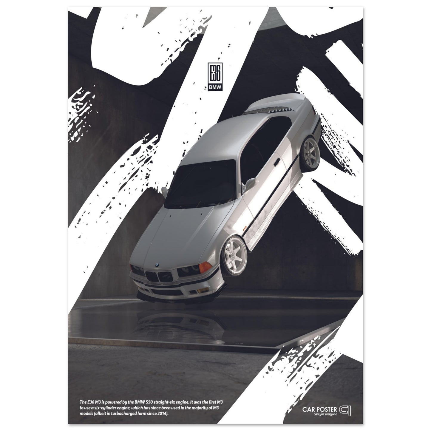Car Poster - BMW E36 M3 Flying Graffiti - White