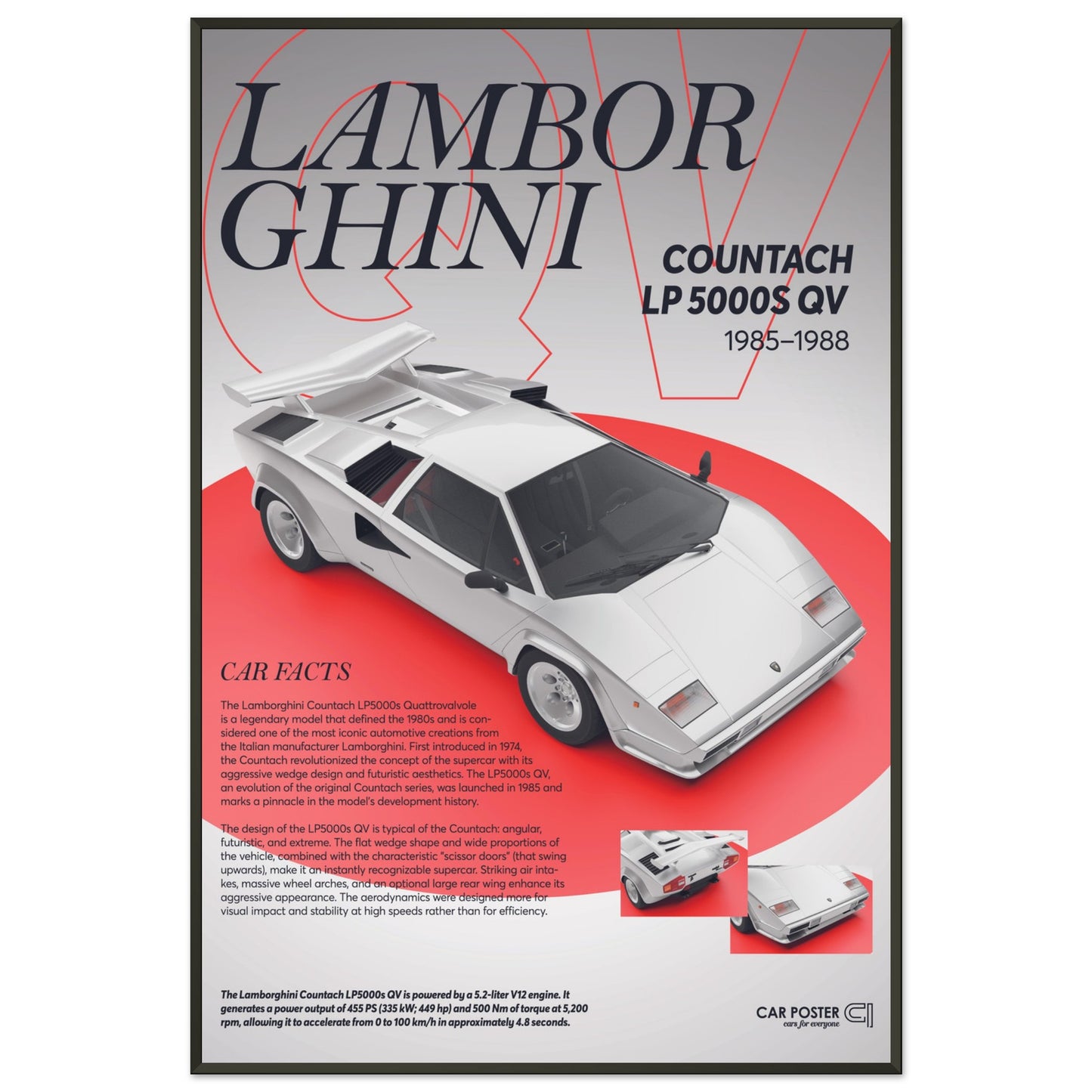 Framed Car Poster - Lamborghini Countach LP 5000S QV - White