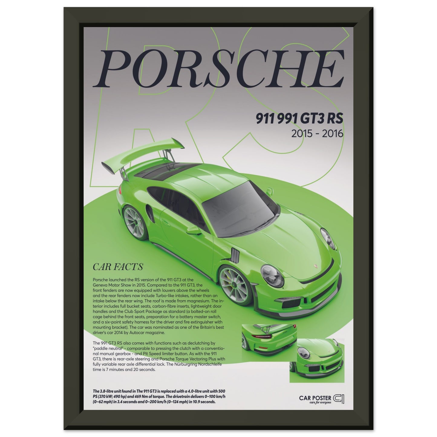 Framed Car Poster - Porsche 911 991 GT3 RS - Lizard Green
