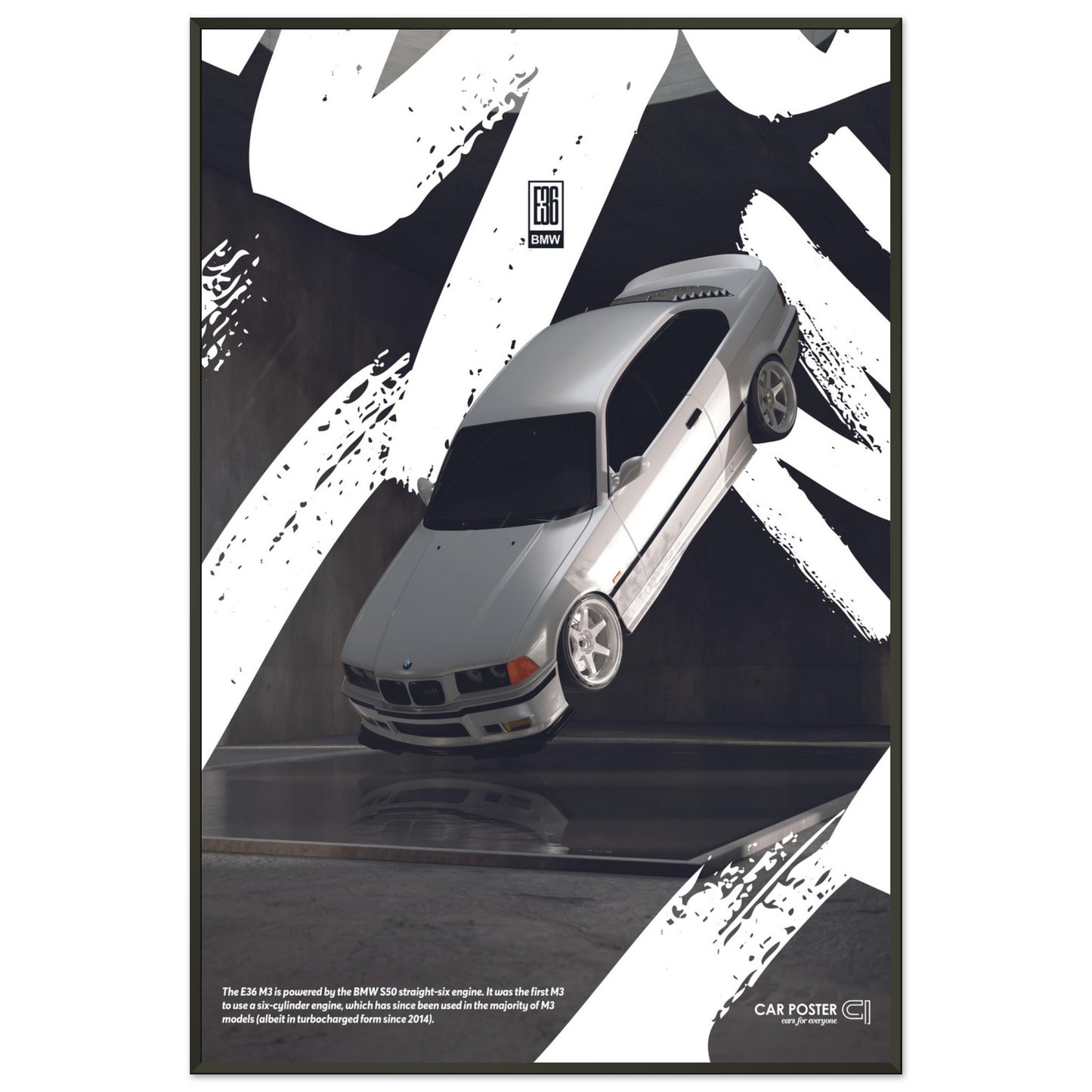 Framed Car Poster - BMW E36 M3 Flying Graffiti - White