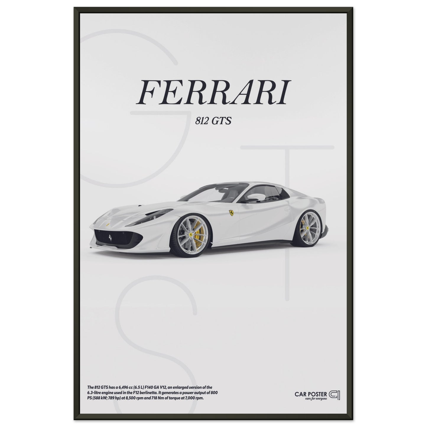 Framed Car Poster - Ferrari 812 GTS Letters - White