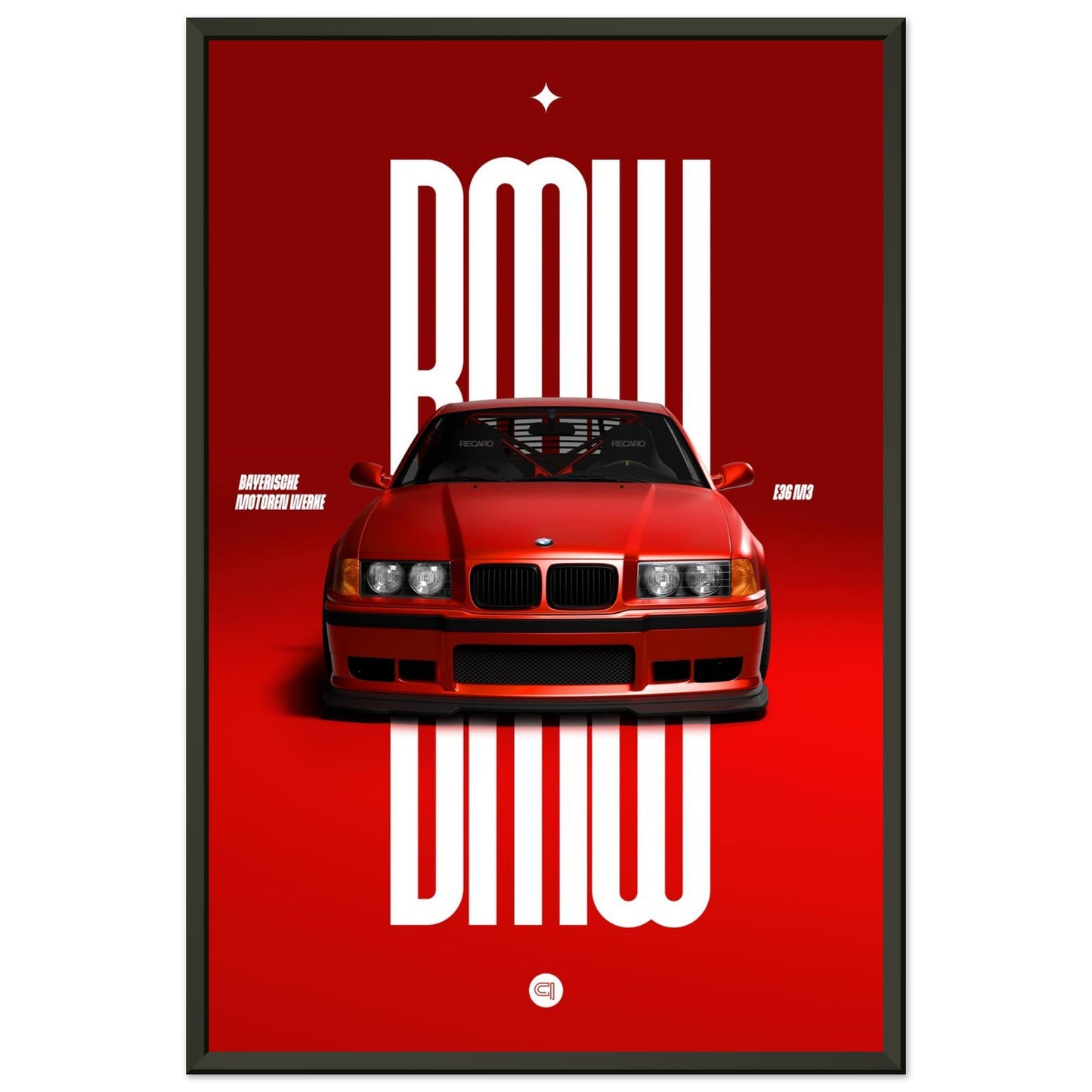 Framed Car Poster - BMW E36 - Red