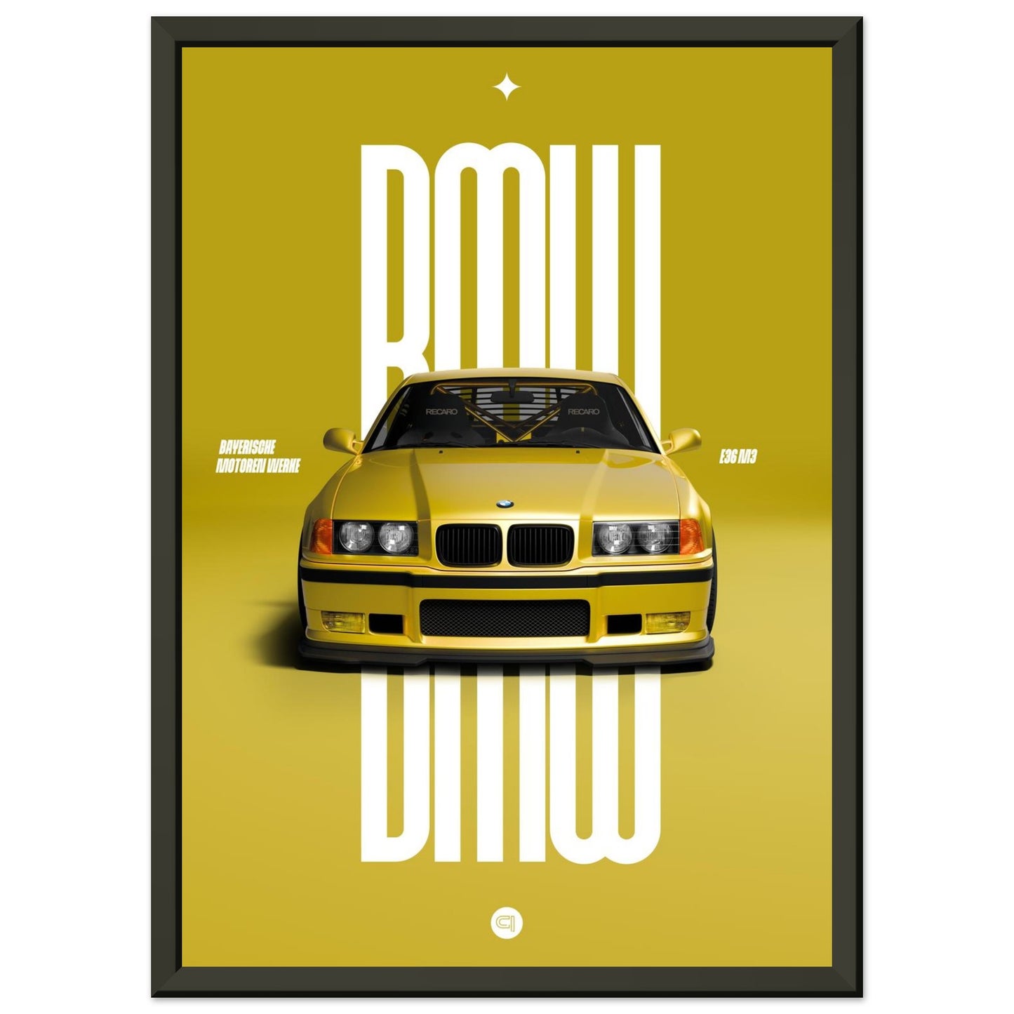 Framed Car Poster - BMW E36 - Yellow