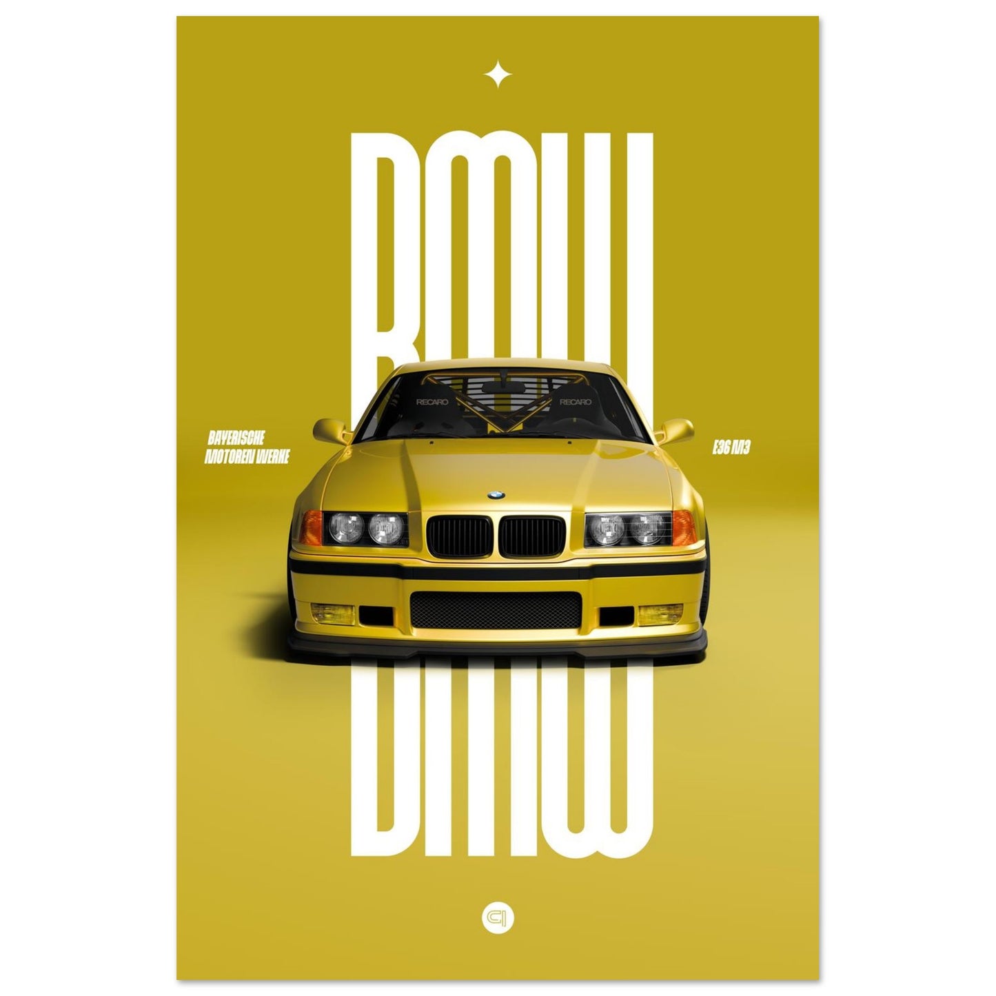 Car Poster - BMW E36 - Yellow