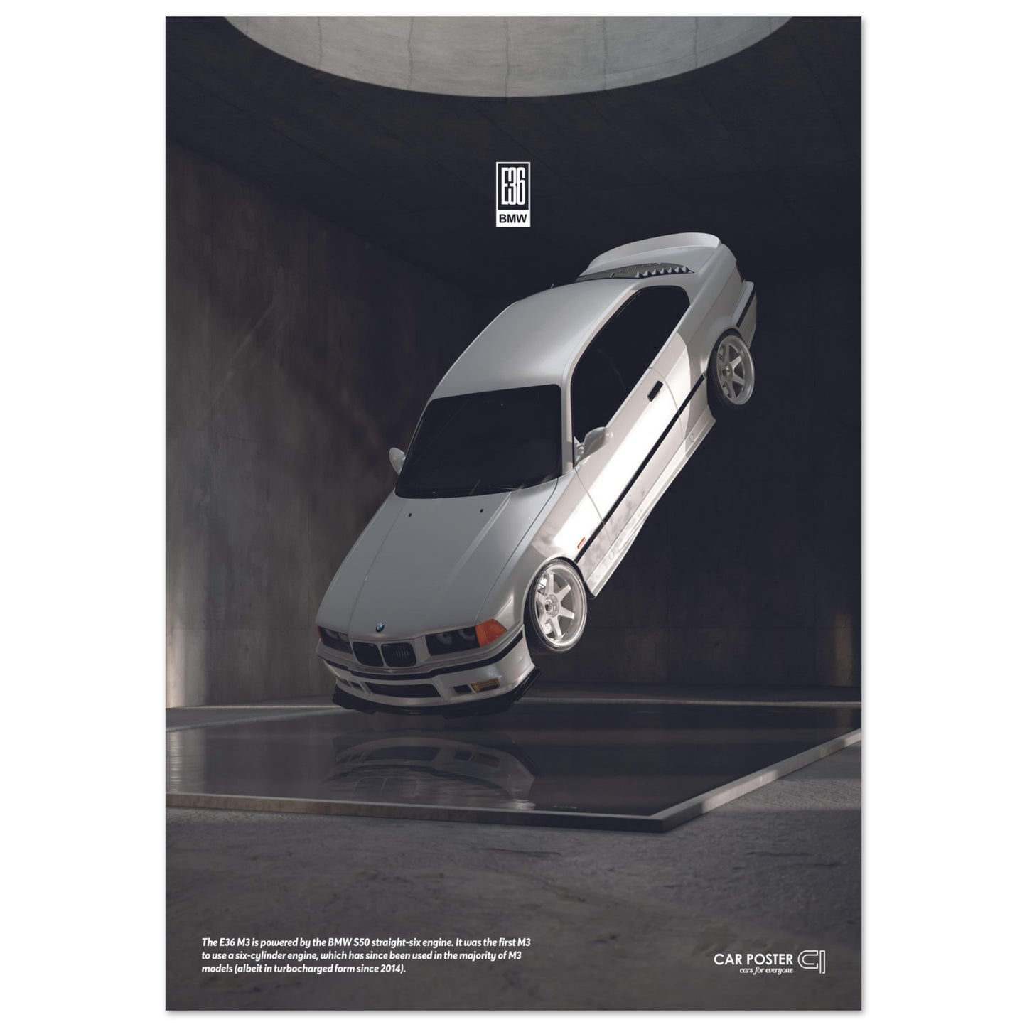 Car Poster - BMW E36 M3 Flying- White