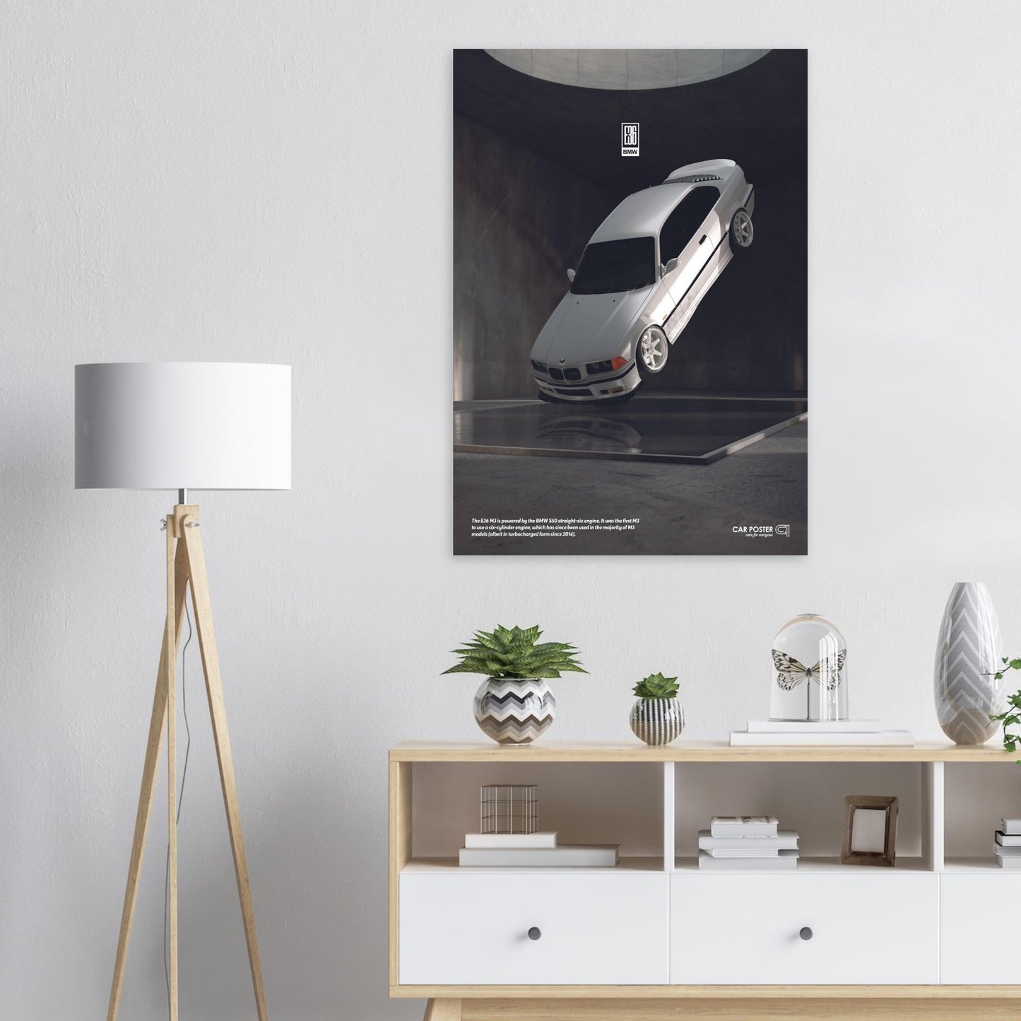 Car Poster - BMW E36 M3 Flying- White
