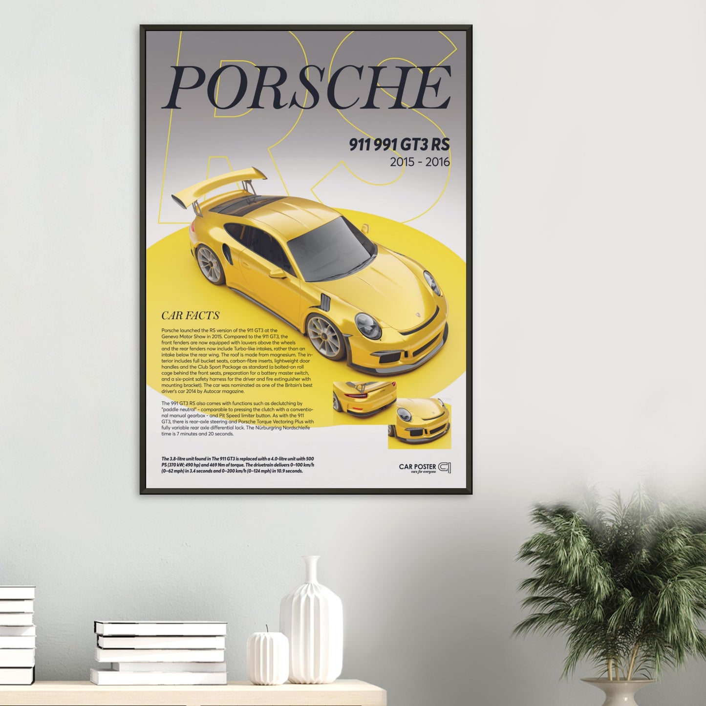 Framed Car Poster - Porsche 911 991 GT3 RS - Racing Yellow