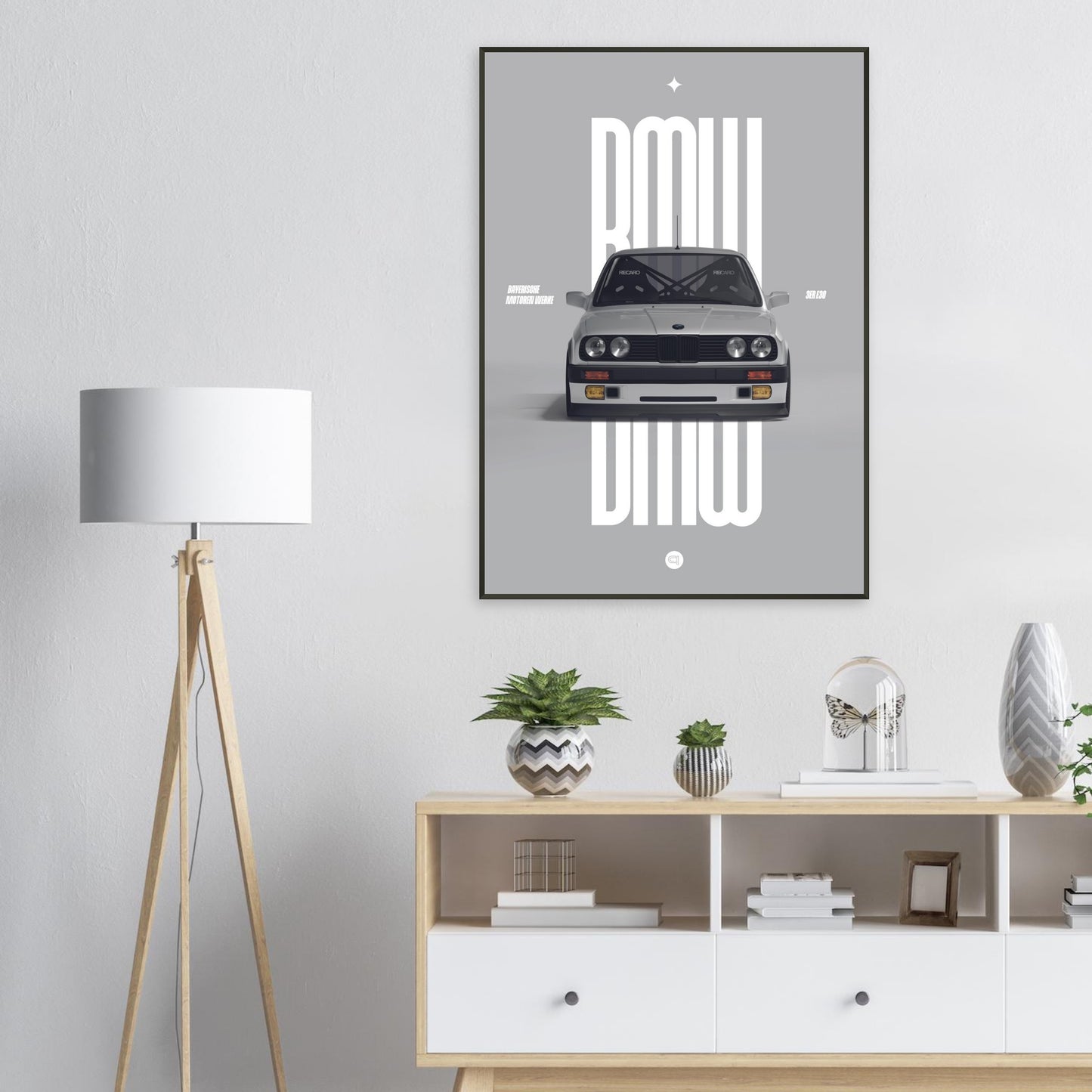 Framed Car Poster - BMW E30 - White