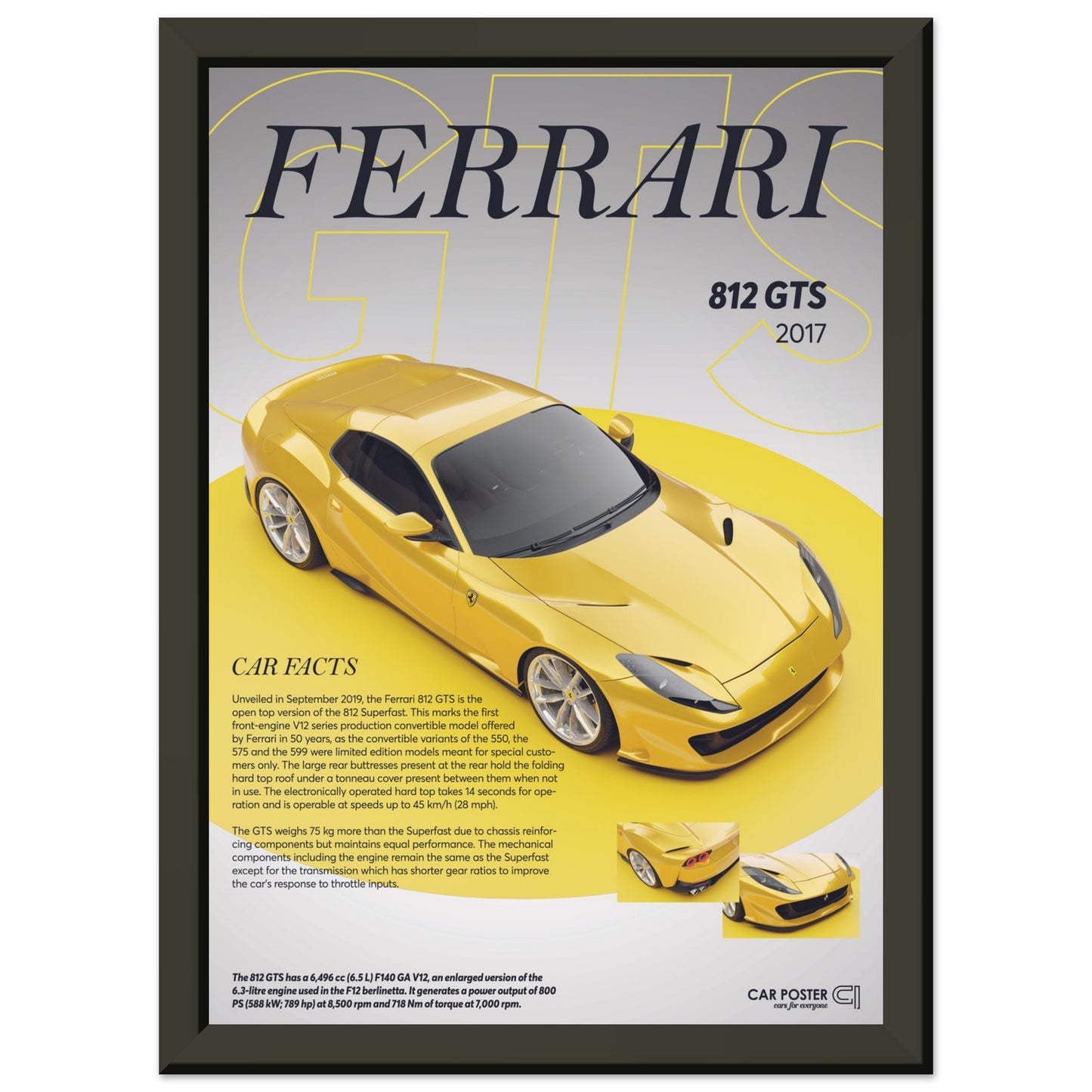 Framed Car Poster - Ferrari 812 GTS - Yellow