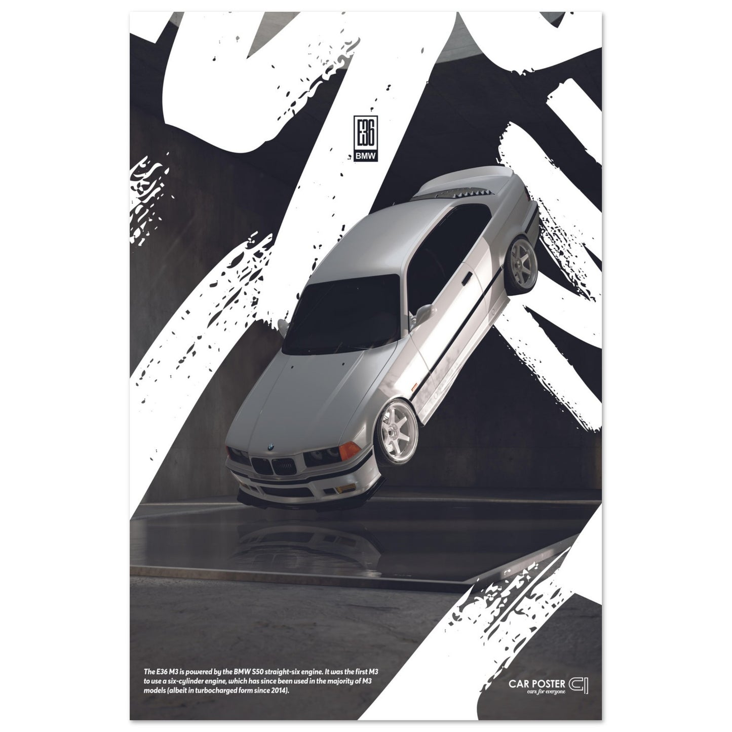 Car Poster - BMW E36 M3 Flying Graffiti - White