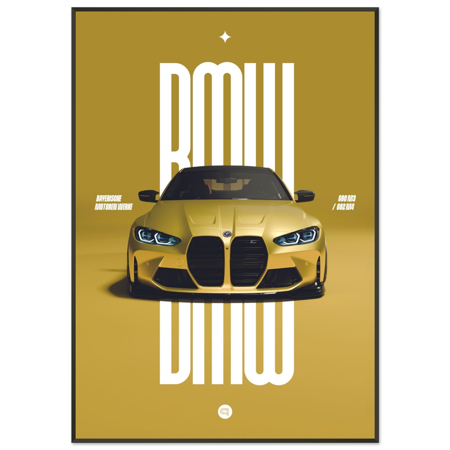 Framed Car Poster - BMW G80 M3 / G82 M4 Bumper - Yellow