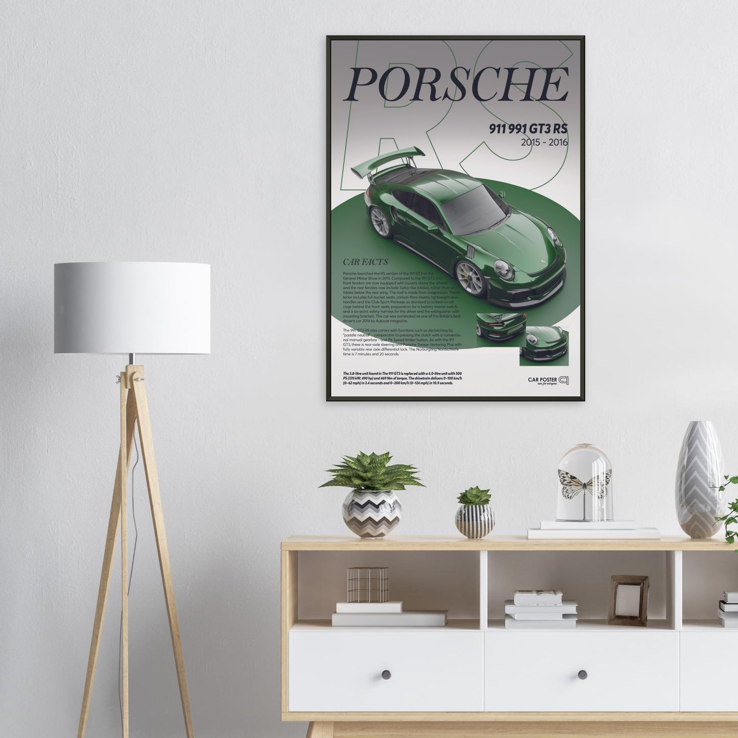 Framed Car Poster - Porsche 911 991 GT3 RS - British Racing Green