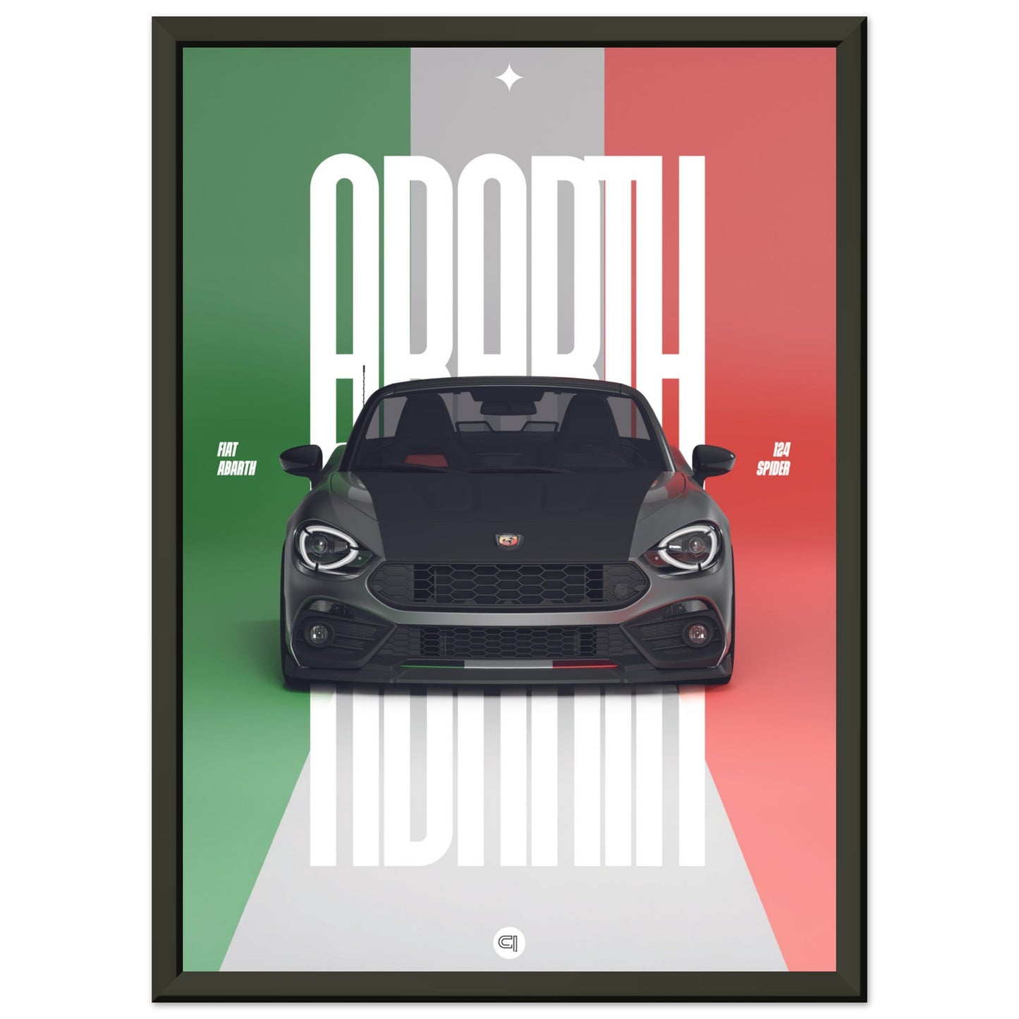 Framed Car Poster - Fiat Abarth 124 Spider - Italy white typo