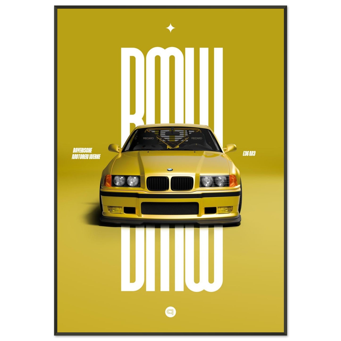 Framed Car Poster - BMW E36 - Yellow