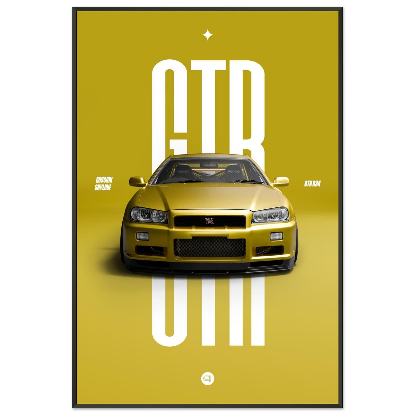 Framed Car Poster - Nissan Skyline GTR R34 - Yellow