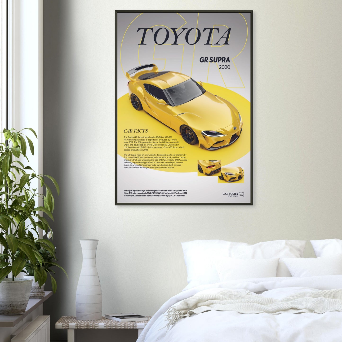 Framed Car Poster - Toyota GR Supra - Yellow