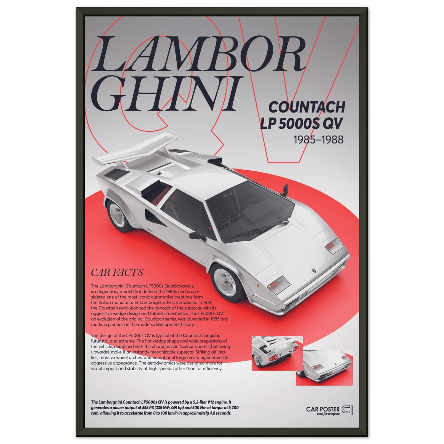 Framed Car Poster - Lamborghini Countach LP 5000S QV - White
