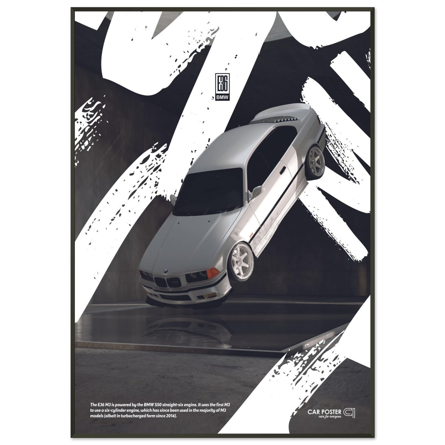 Framed Car Poster - BMW E36 M3 Flying Graffiti - White