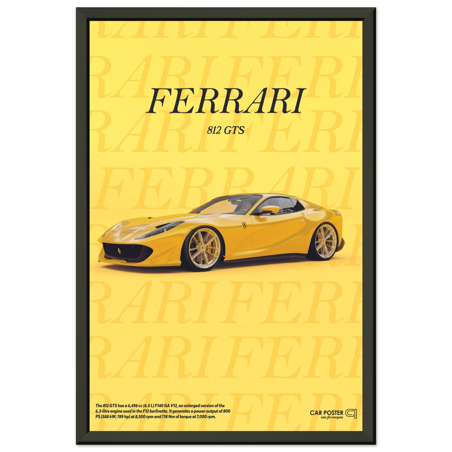 Framed Car Poster - Ferrari 812 GTS Typography - Yellow