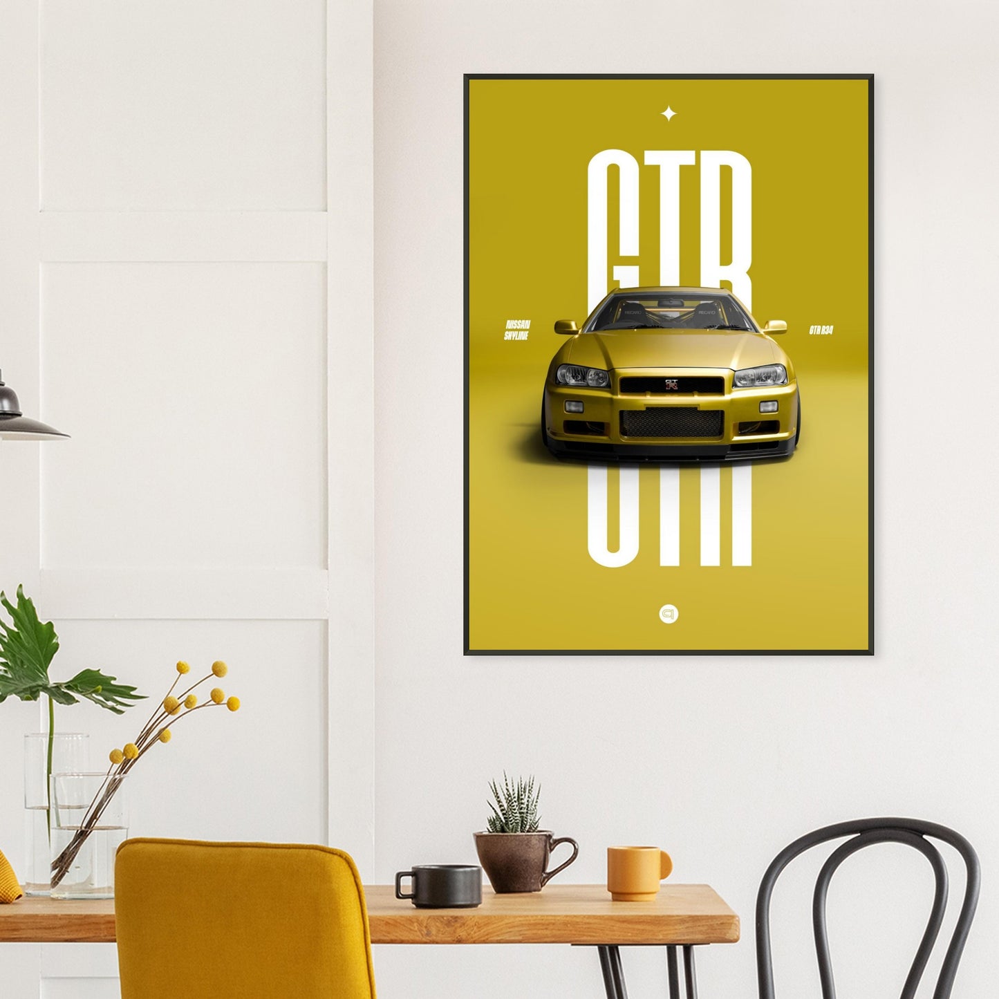 Framed Car Poster - Nissan Skyline GTR R34 - Yellow