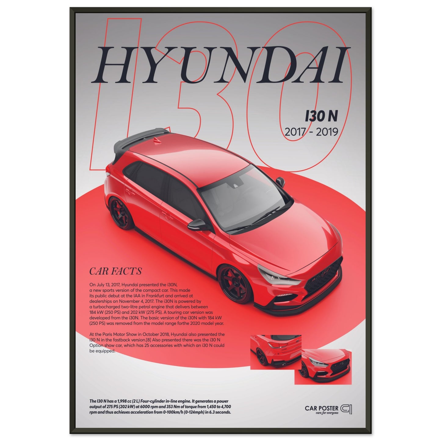 Framed Car Poster - Hyundai I30N - Red