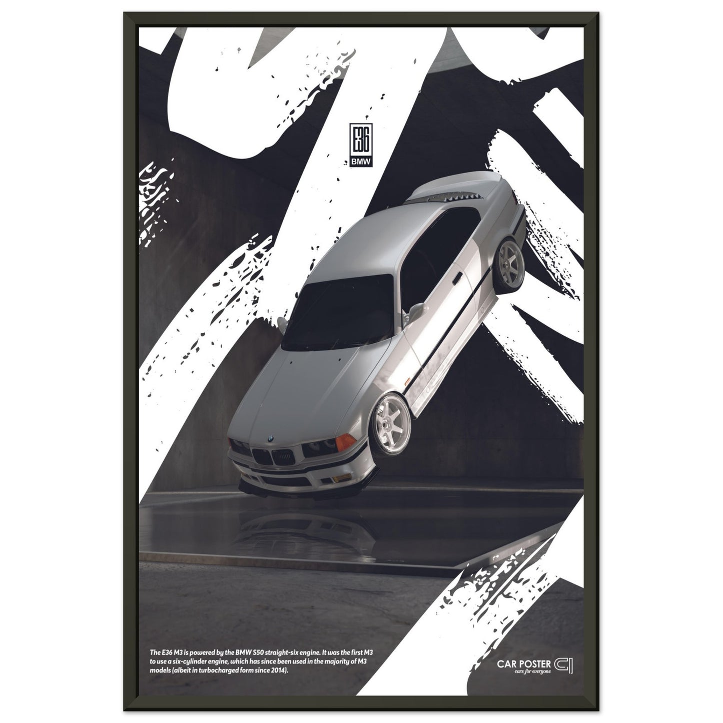 Framed Car Poster - BMW E36 M3 Flying Graffiti - White
