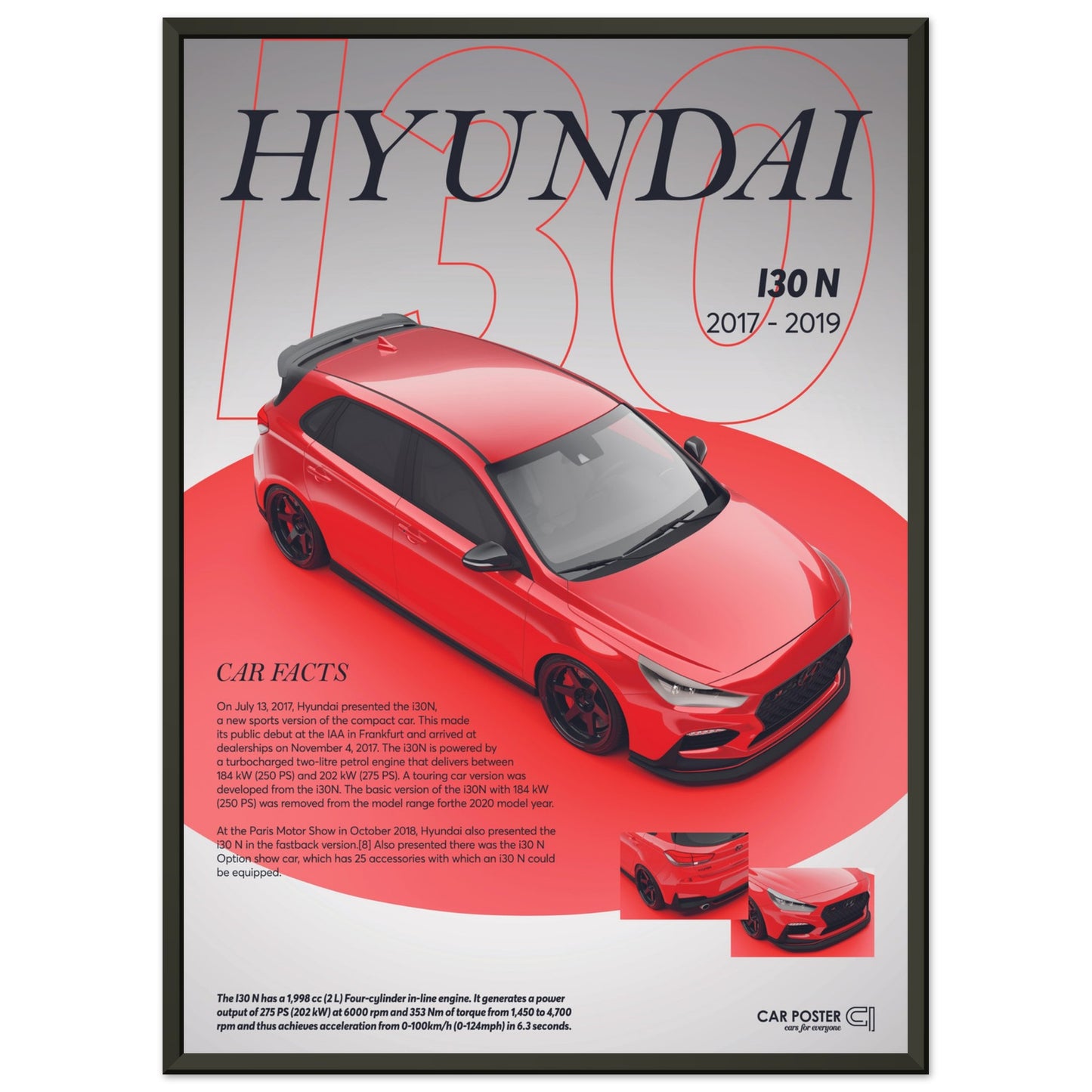 Framed Car Poster - Hyundai I30N - Red