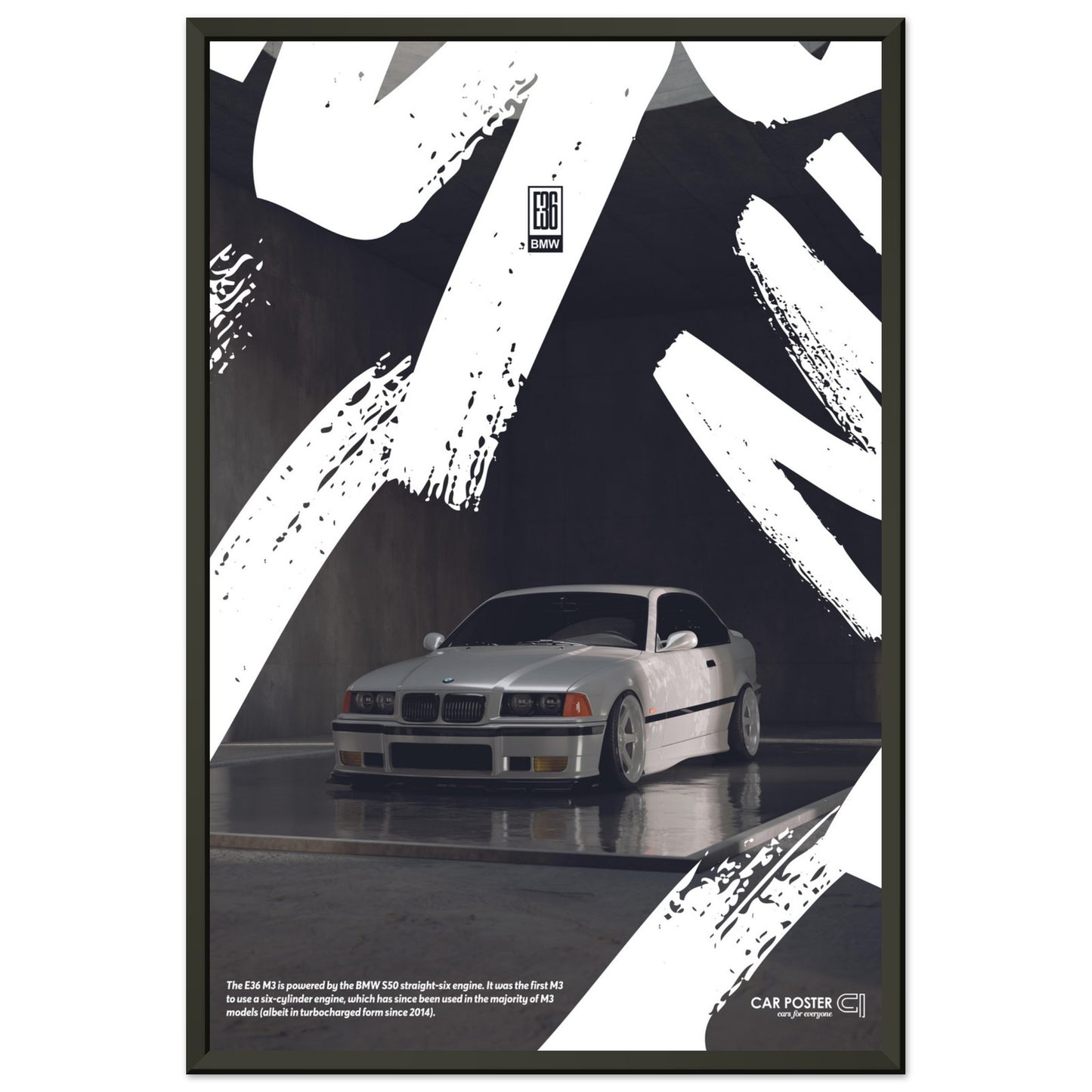 Framed Car Poster - BMW E36 M3 Graffiti - White