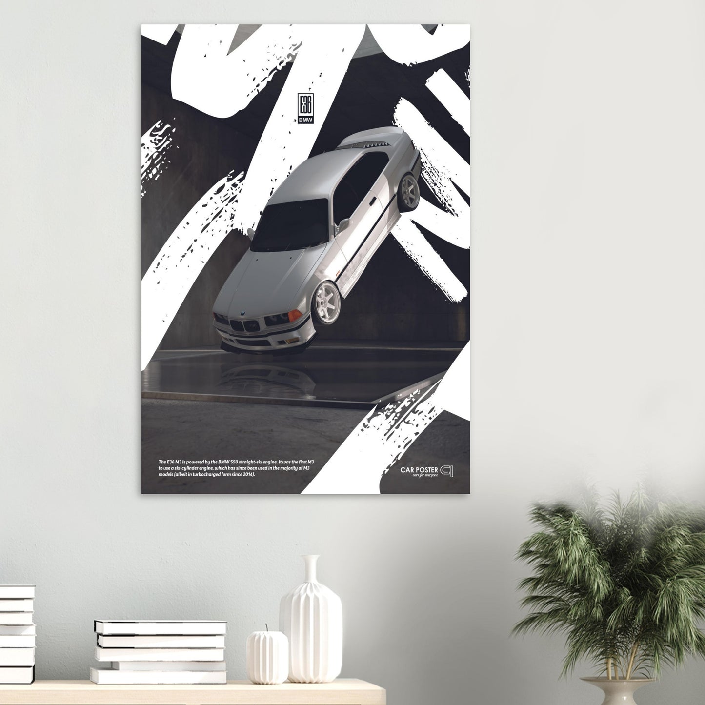 Car Poster - BMW E36 M3 Flying Graffiti - White