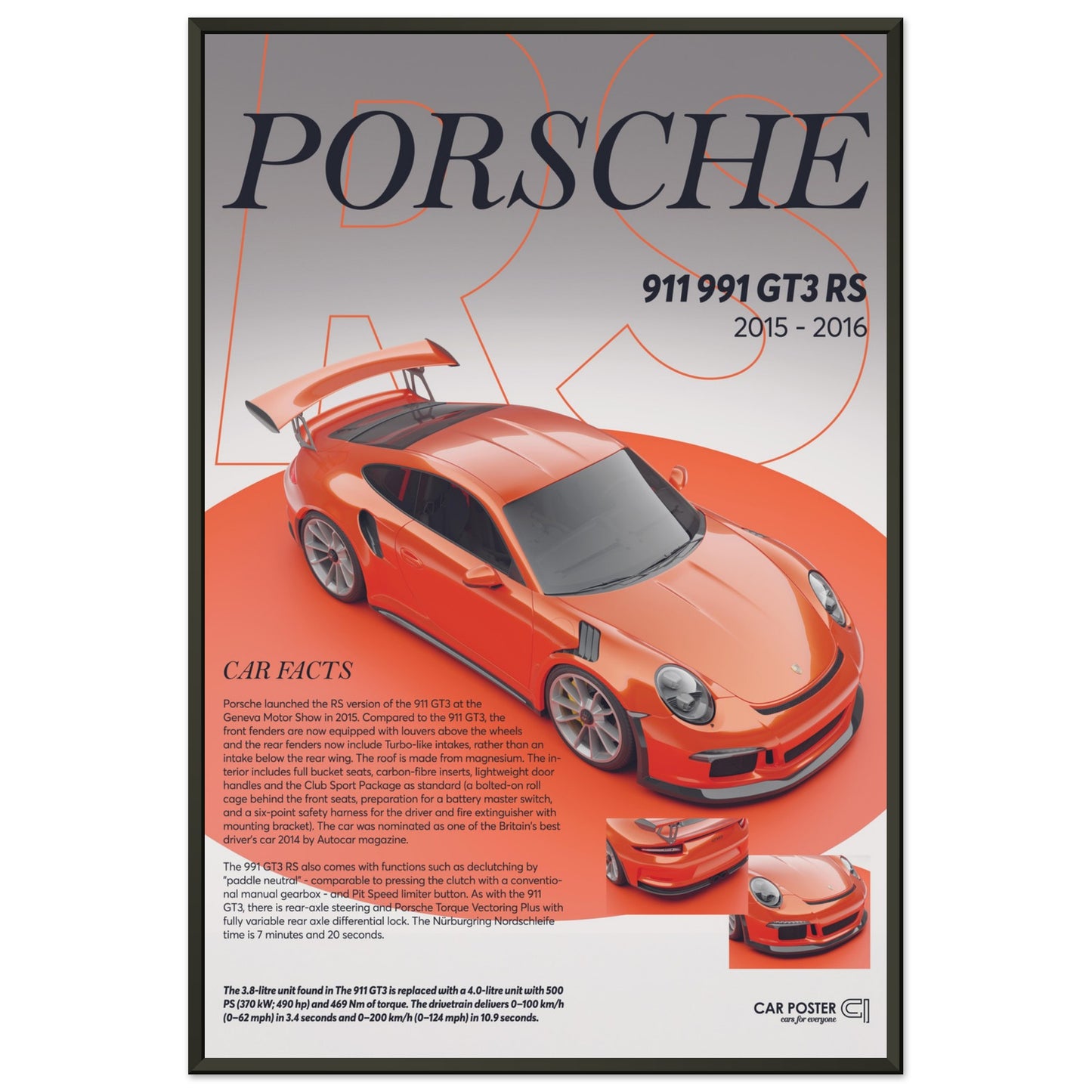 Framed Car Poster - Porsche 911 991 GT3 RS - Lava Orange