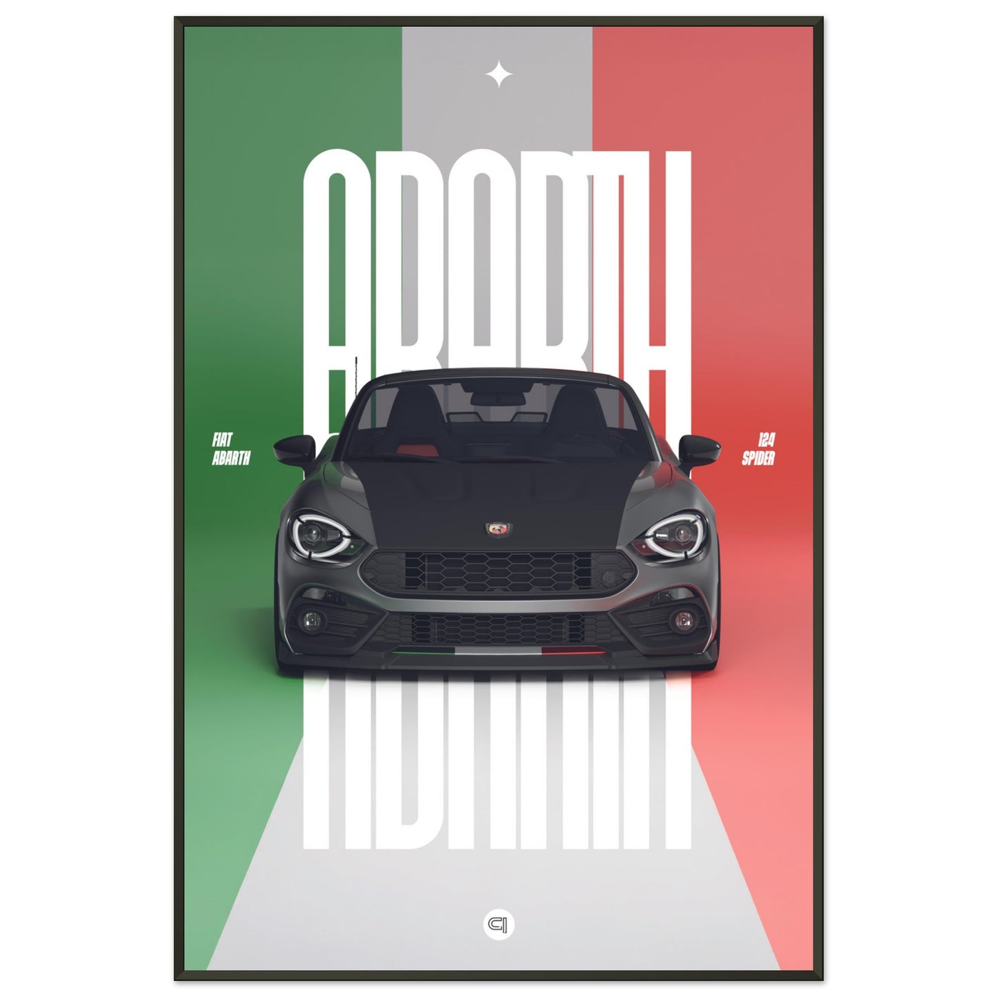 Framed Car Poster - Fiat Abarth 124 Spider - Italy white typo