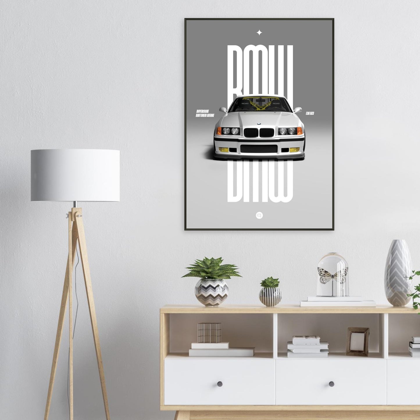 Framed Car Poster - BMW E36 - White